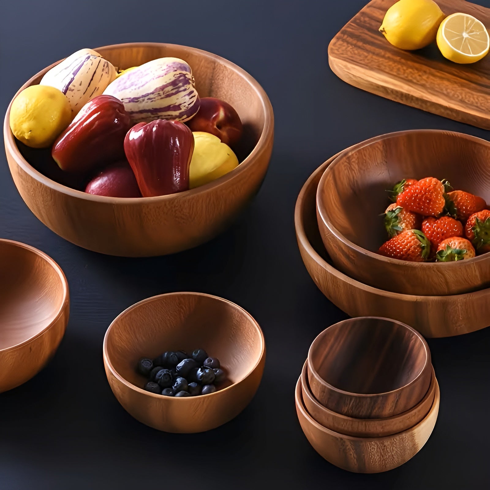 Holz-Servierschalen Set (4-teilig) – Wiederverwendbar und Handgefertigt | Perfekt für Salat Suppe Reis & Ramen - Lange