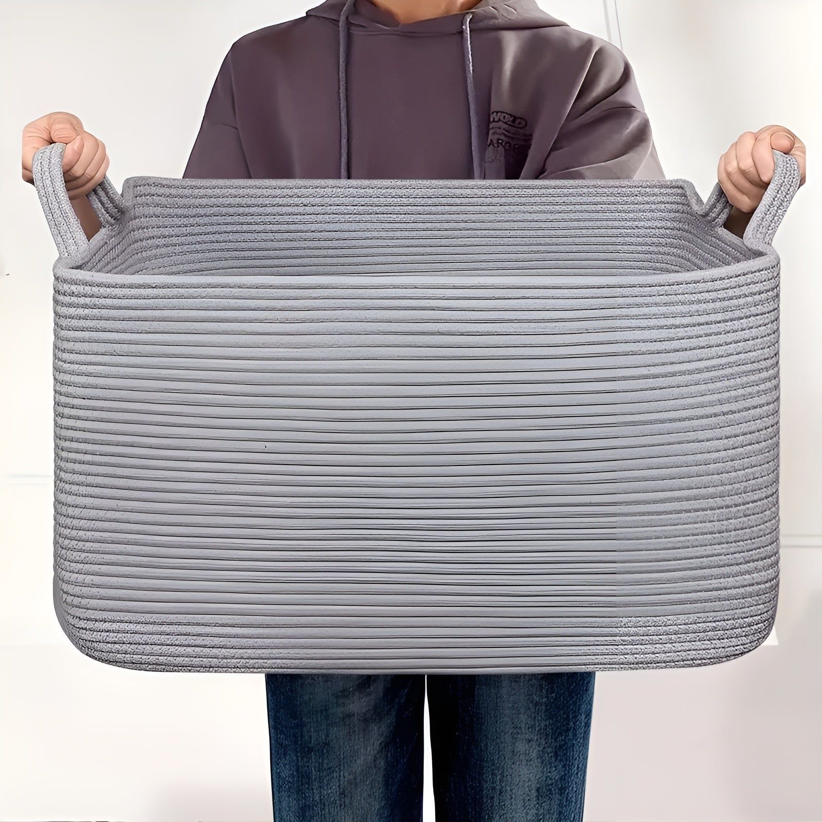 Großer Geflochtener Aufbewahrungskorb – Stabil & Stilvoll | Mit Seilgriffen, Perfekt für Wohnzimmer, Wäsche & Regale (Schwarz)