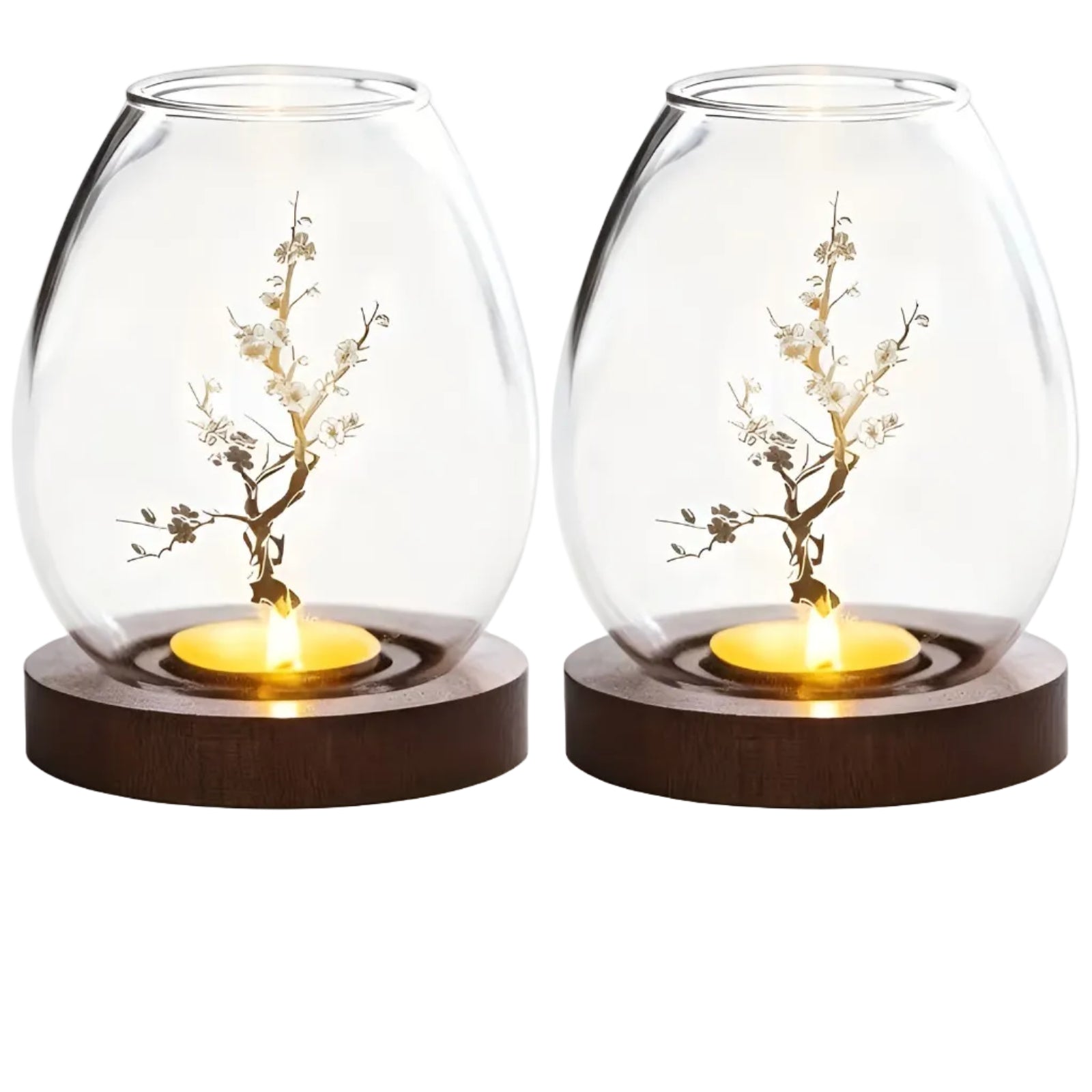 2er-Set Kerzenhalter aus Glas mit Holzsockel – Dekorativ im Retro-Zen-Stil | Perfekt für Wohnzimmer Tischdeko