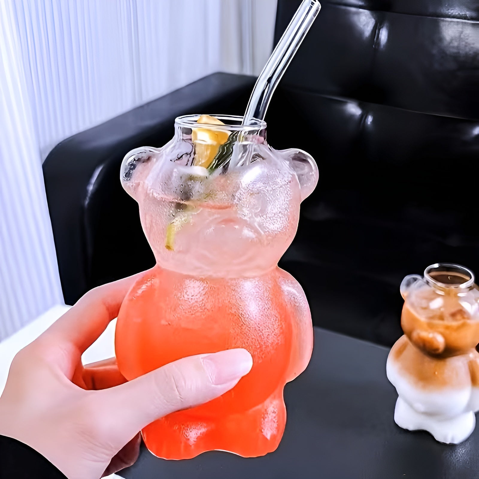 Bär Glasbecher Set (2-teilig) – Niedliches Design aus Borosilikatglas | Mit Glasstrohhalm für Kaffee & Cocktails