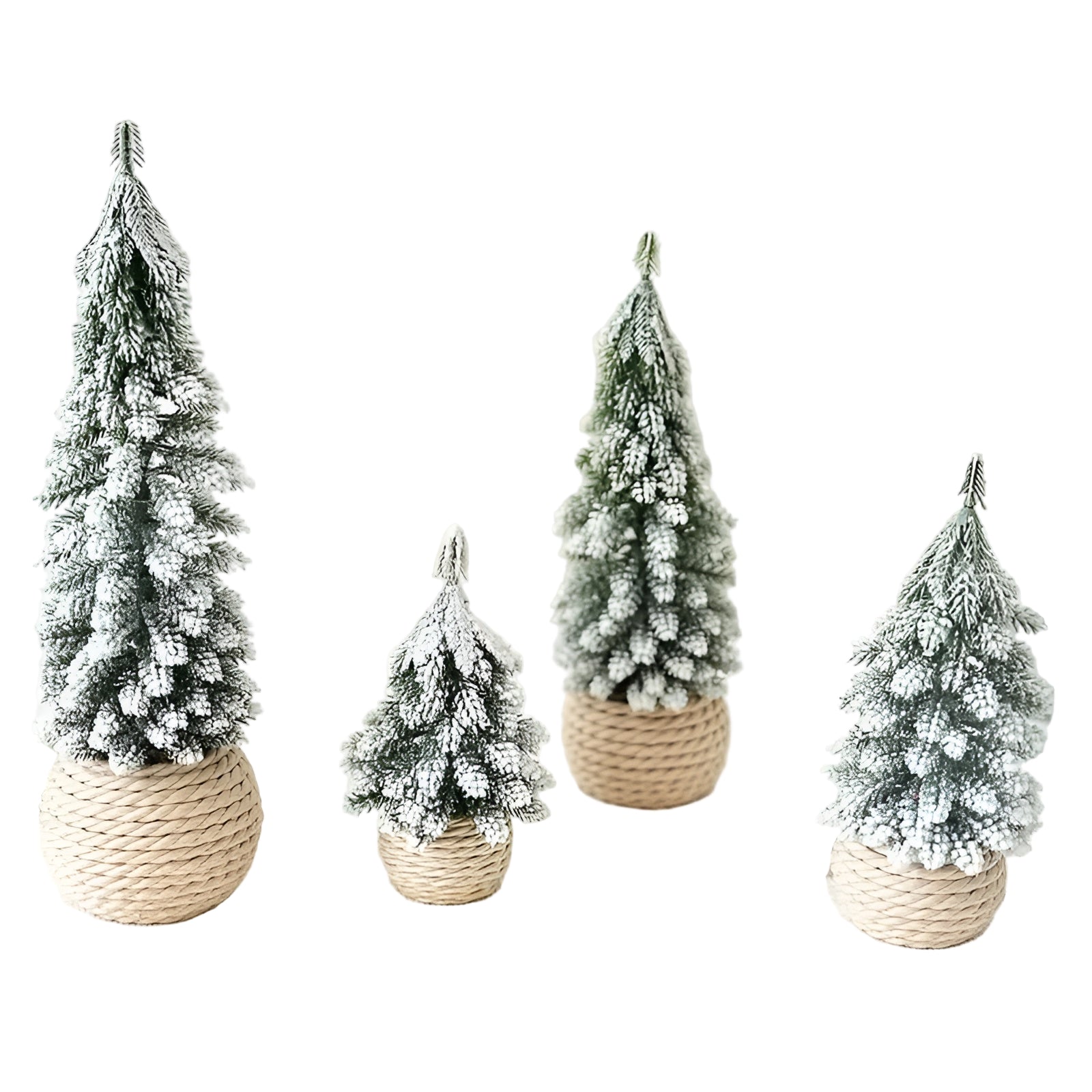 Mini-Weihnachtsbaum 4er-Set – Schneeoptik & Jutesockel | Realistische Tischdeko für Zuhause und Büro