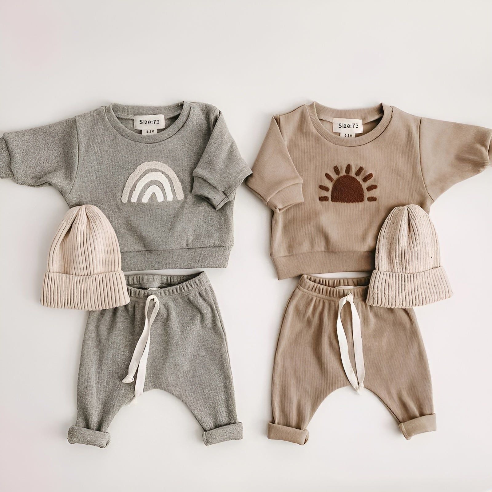 Sunlit Snuggles - Regenbogen und Sonne Bestickt Baby Matching Set (Sweatshirts + Hosen) - Elegare