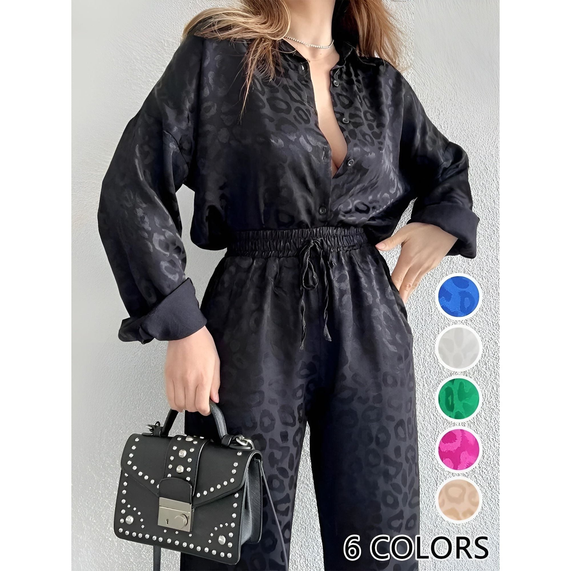 Amore Jumpsuit - Elegantes Satin Pyjama Set mit Leopardenmuster Elegare