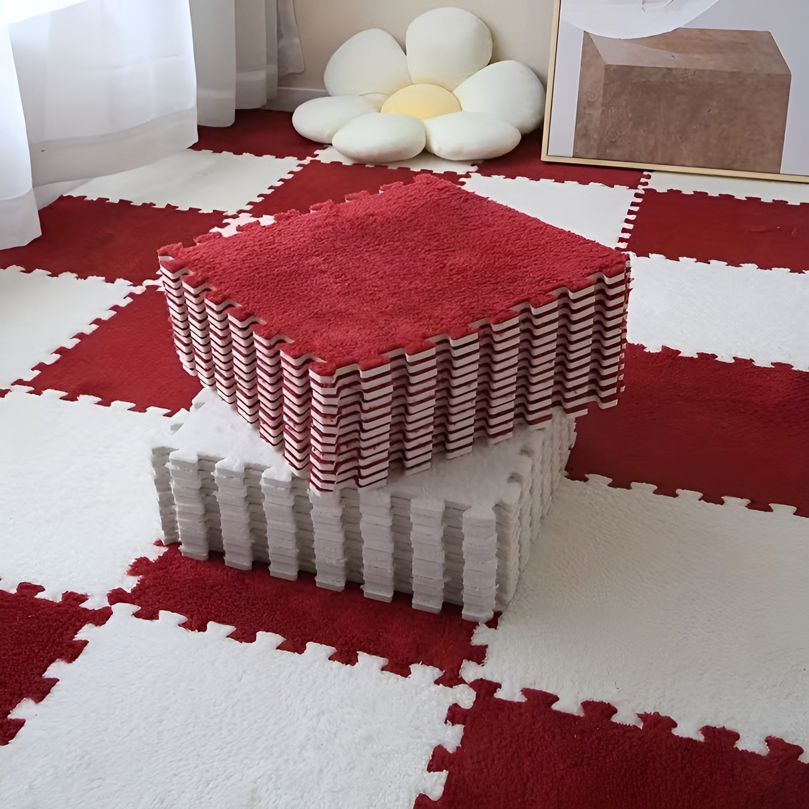 Dicker Flauschiger Teppich – Weich und Gemütlich | Perfekt für Schlafzimmer Wohnzimmer & Haustiere - 12 Stück Weiß + 12