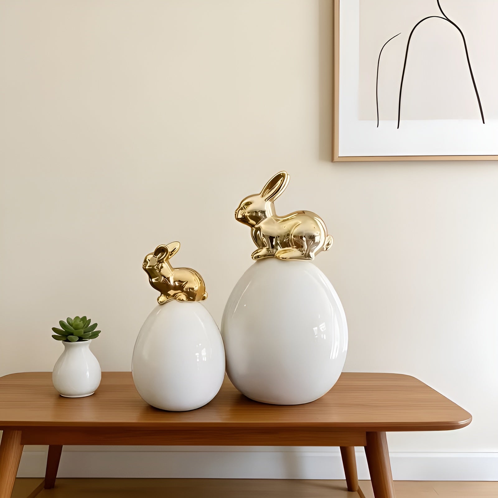 Keramik Deko Hase in Ei-Form – Moderne Osterdeko in Weiß & Gold | Elegante Tischdekoration für Wohnzimmer