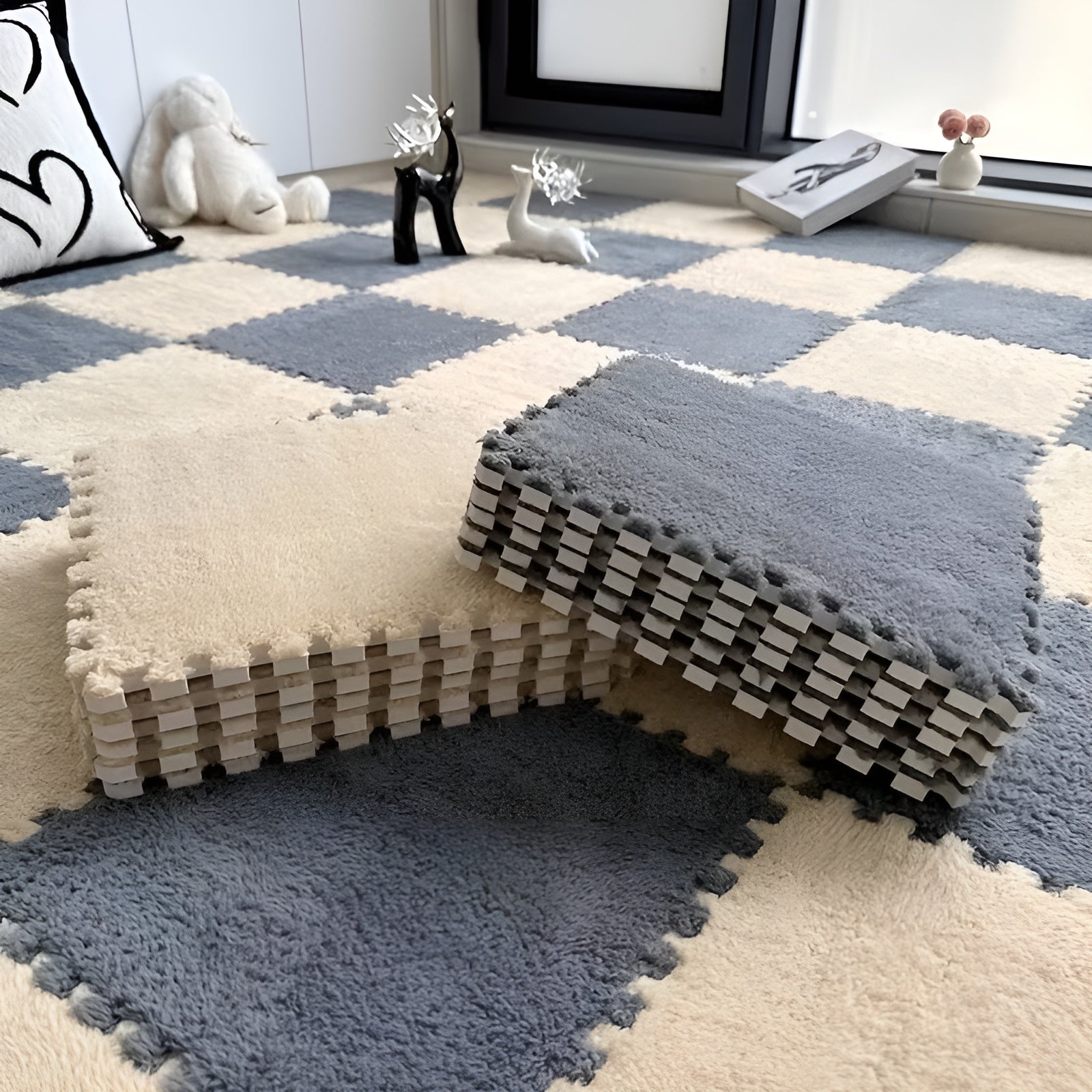 20-teiliges Stecksystem-Teppichfliesen-Set – Rutschfeste Puzzlematten für Boden & Spielbereich - Silbergrau + Hellcamel