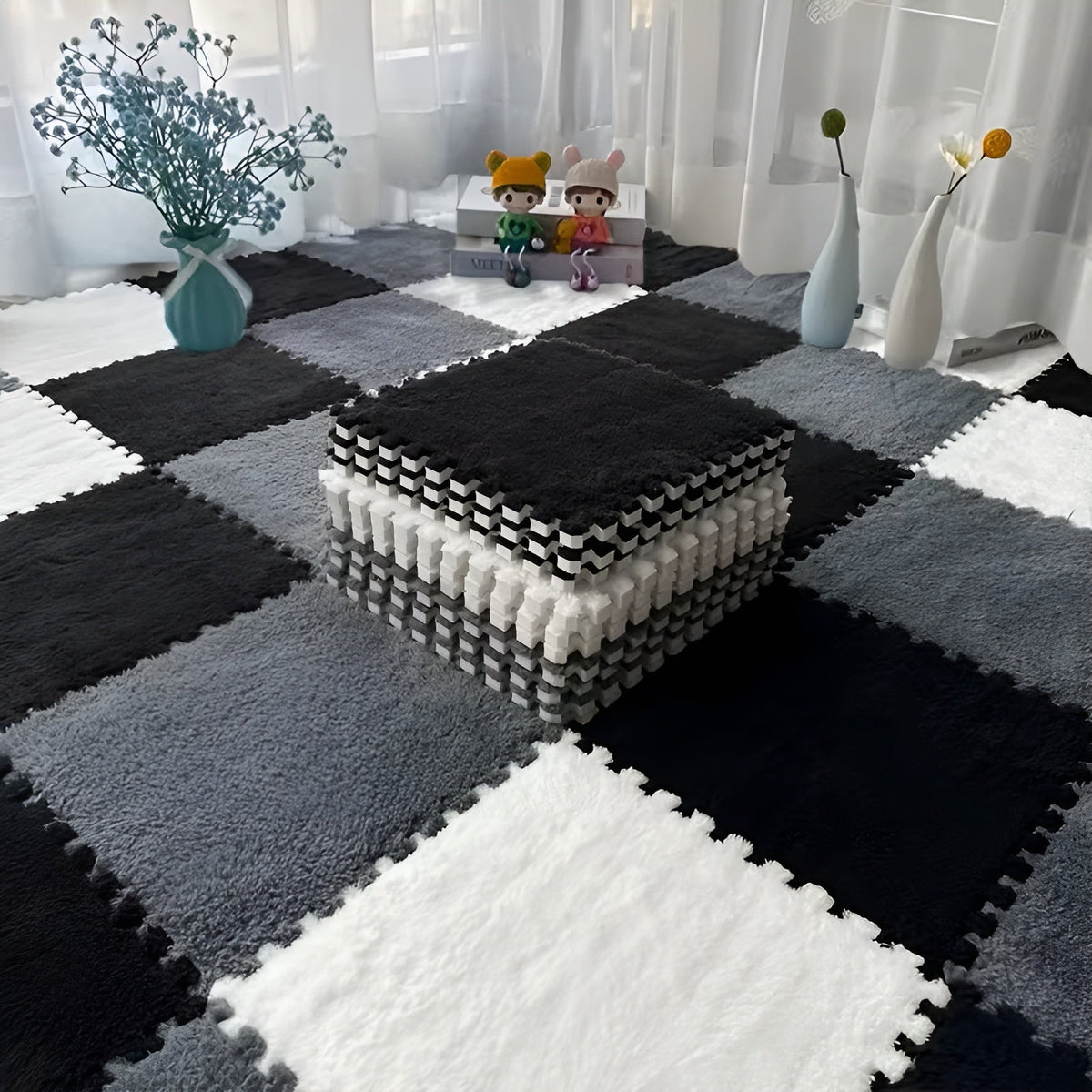20-teiliges Stecksystem-Teppichfliesen-Set – Rutschfeste Puzzlematten für Boden & Spielbereich - Schwarz + Silbergrau