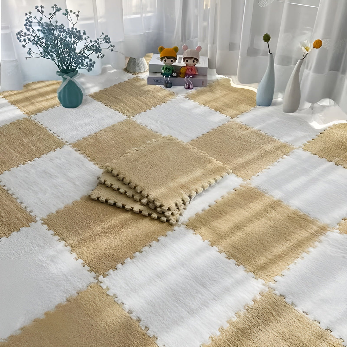 20-teiliges Stecksystem-Teppichfliesen-Set – Rutschfeste Puzzlematten für Boden & Spielbereich - Hellcamel + Cremeweiß