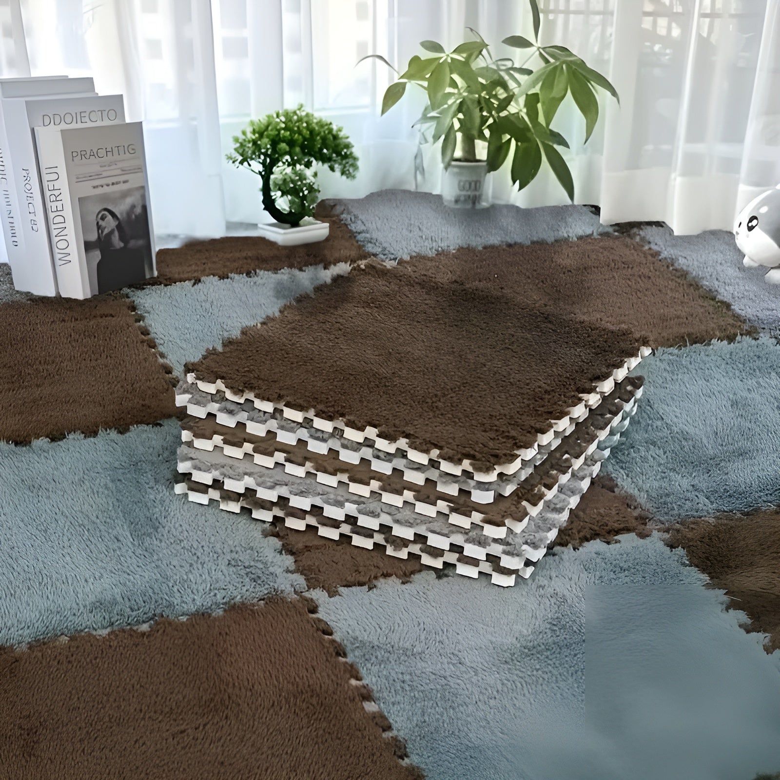 20-teiliges Stecksystem-Teppichfliesen-Set – Rutschfeste Puzzlematten für Boden & Spielbereich - Kaffeefarben