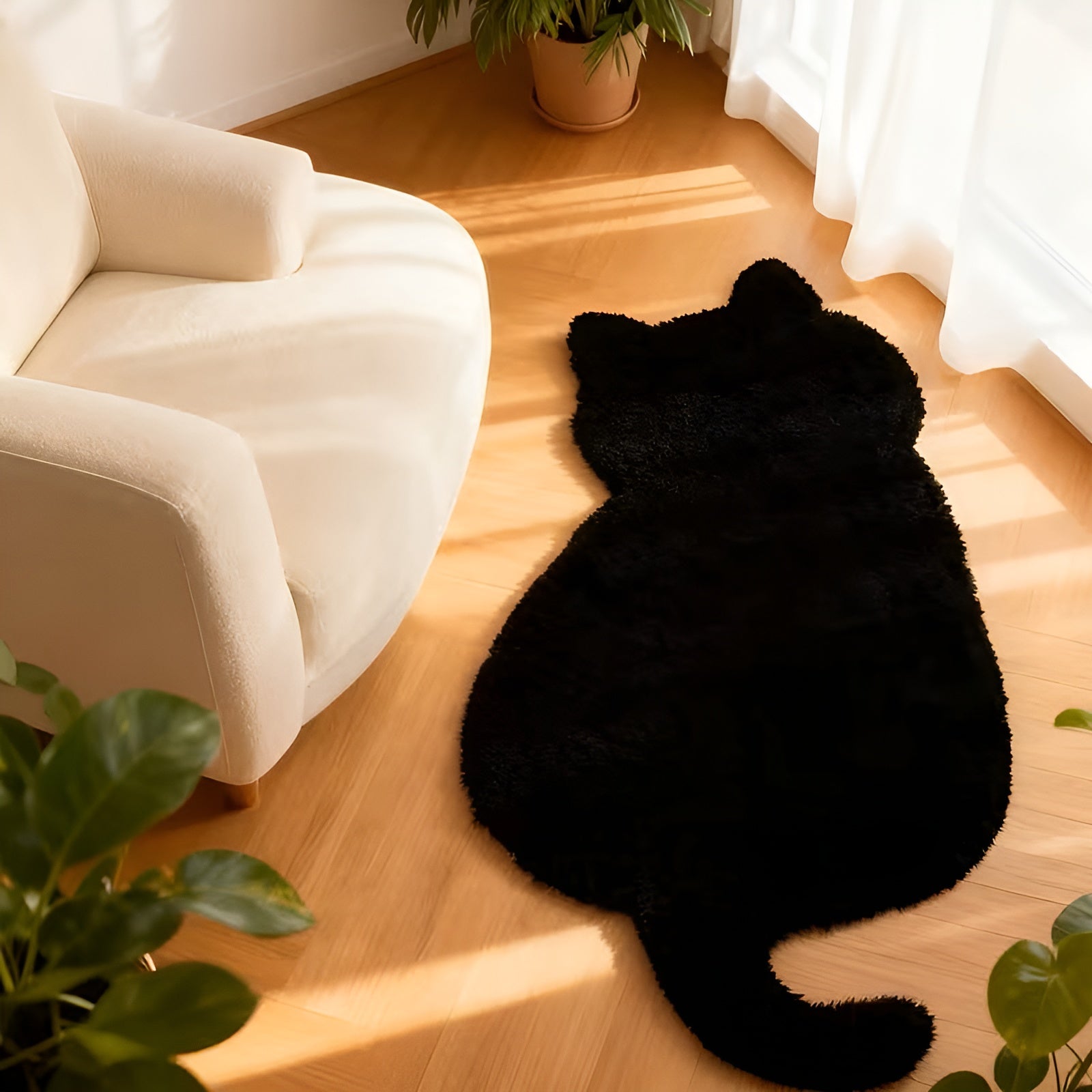 Kleiner Teppich in Katzenform – Weich und gemütlich | Perfekt für Sofa Regal oder Kommode - Schwarz