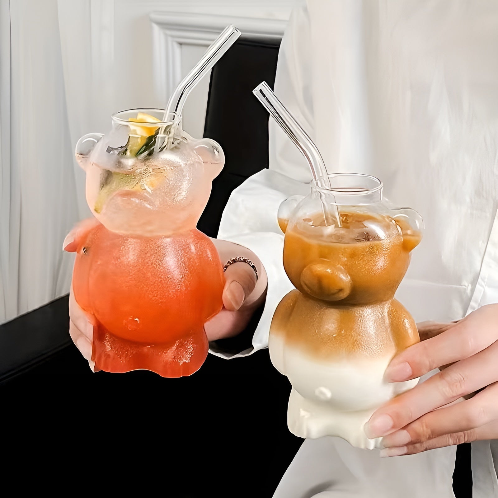 Glas Trinkbecher mit Bärenmotiv – Süßes 2er-Set | Mit Strohhalm für Eiskaffee & Saft - 2 Set - Wohnzubehör