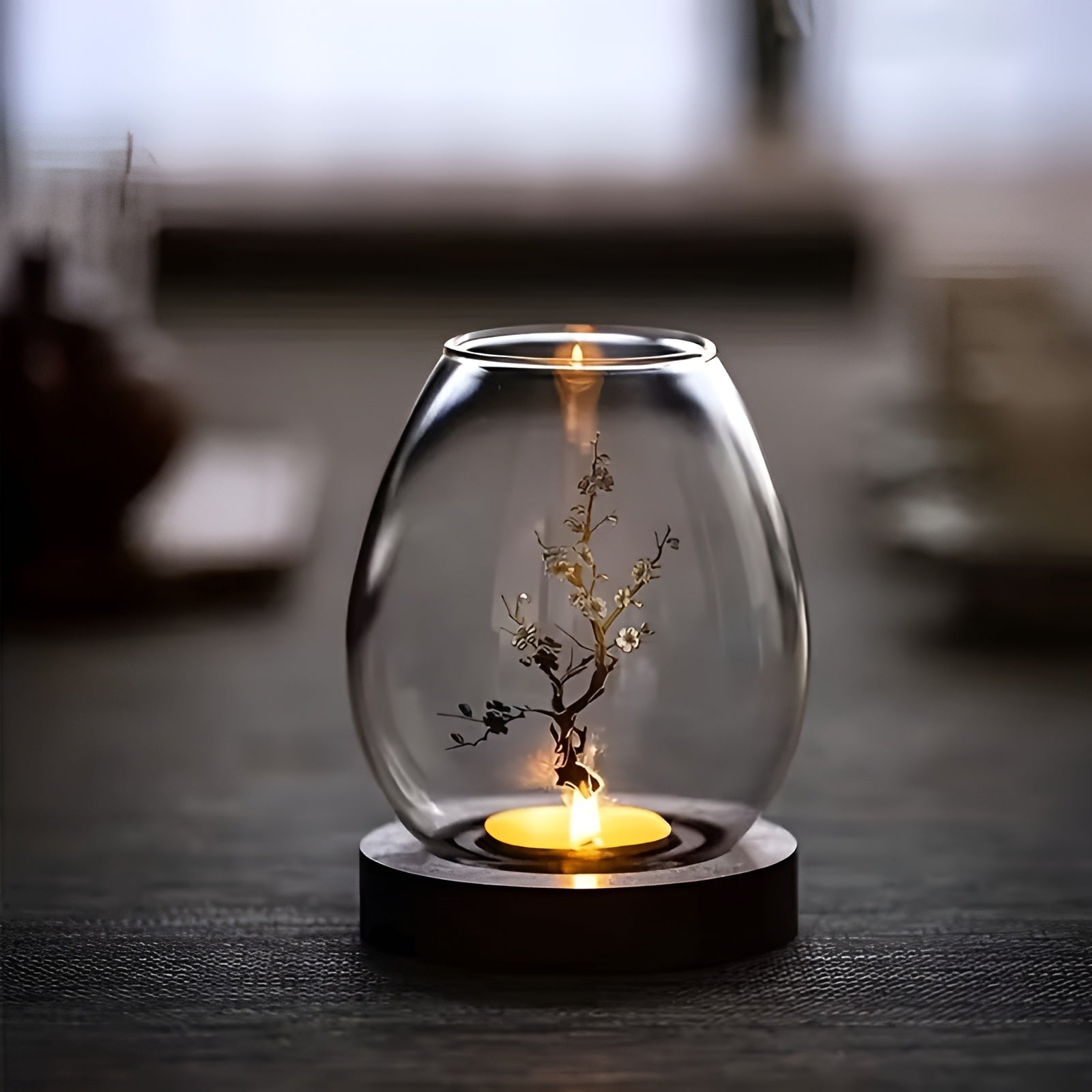 2er-Set Kerzenhalter aus Glas mit Holzsockel – Dekorativ im Retro-Zen-Stil | Perfekt für Wohnzimmer Tischdeko