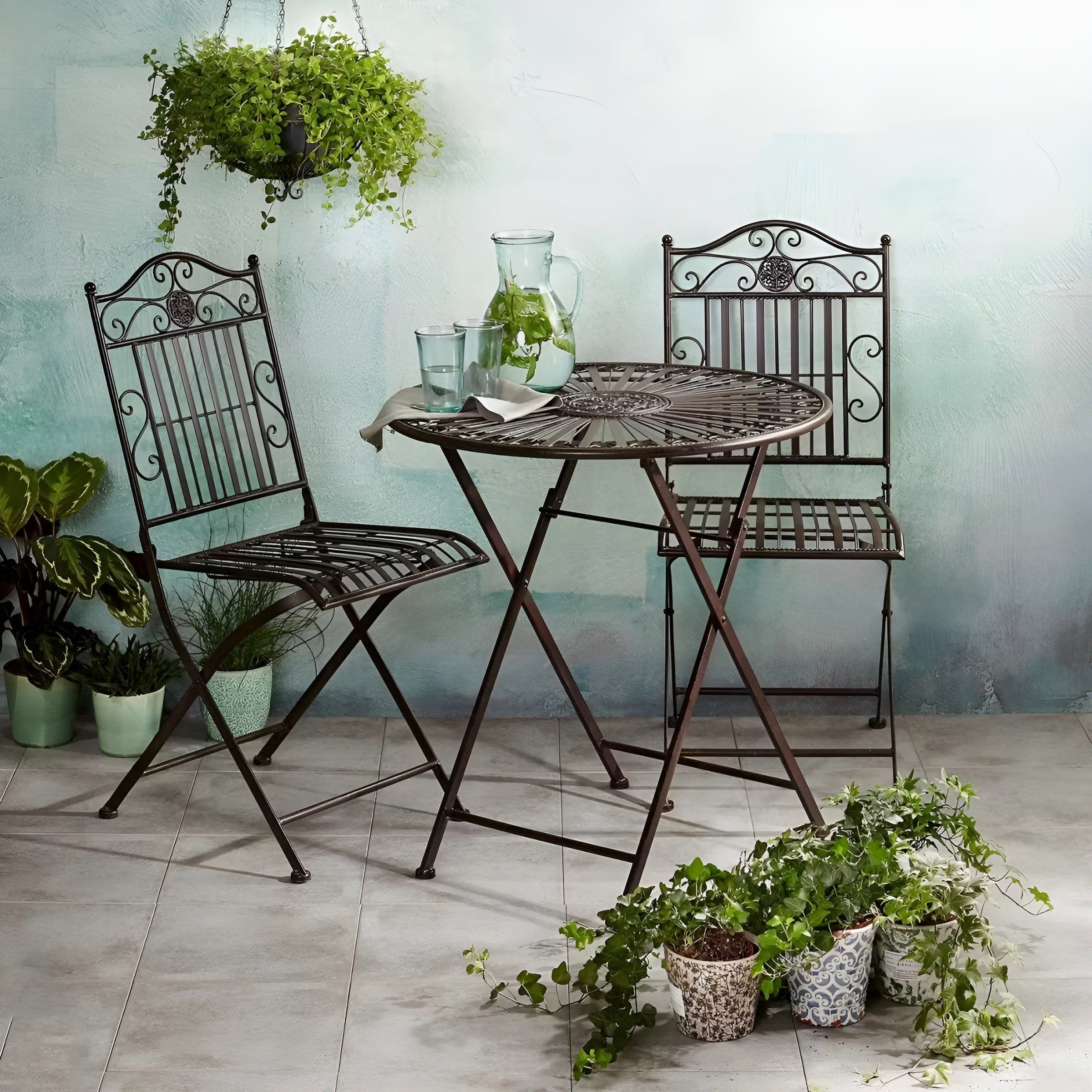 3-teiliges Terrace Hill Gartenmöbel Set – Klappbares Bistro-Set aus Eisen in Vintage Dunkelbraun - Dunkelbraun