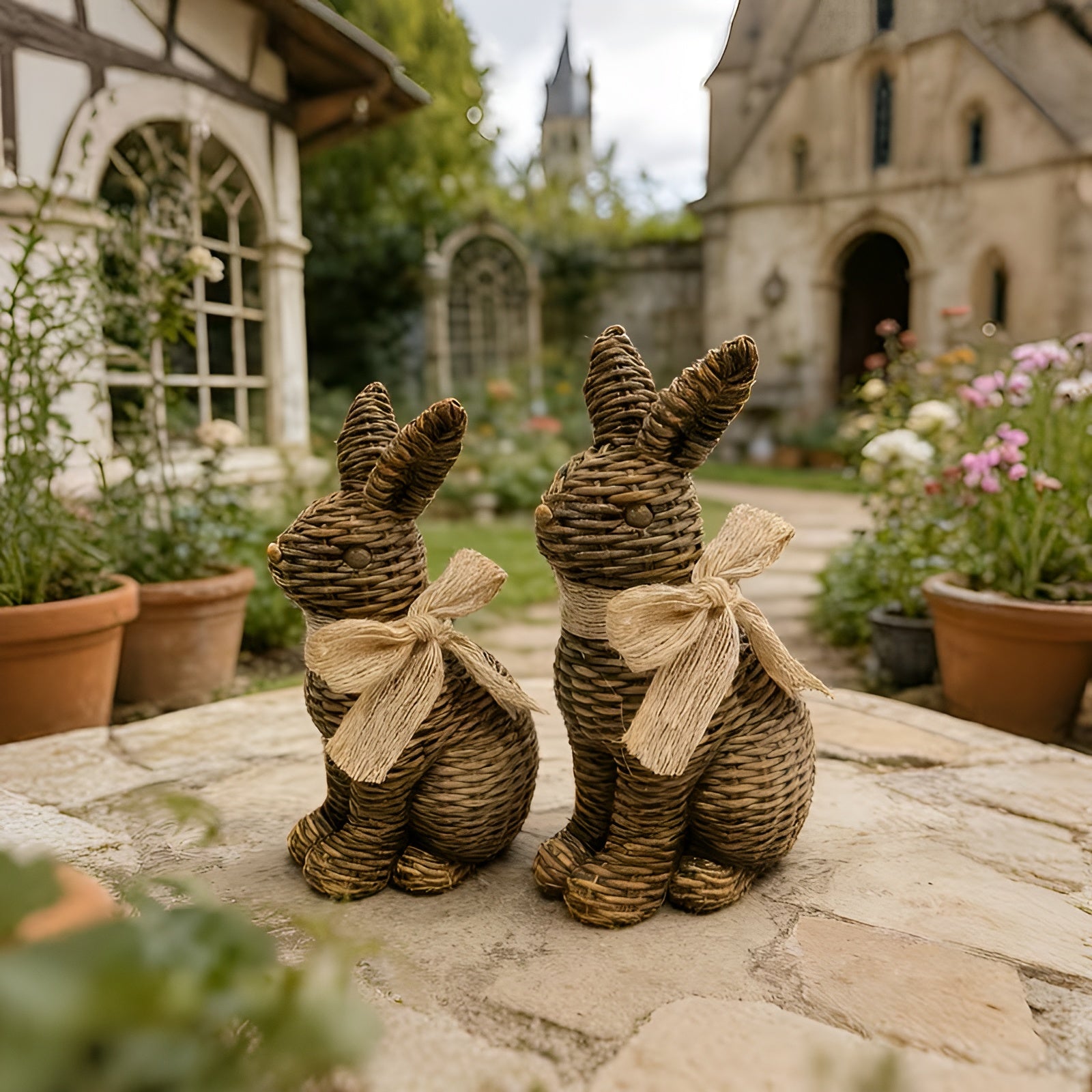 Hasenfigur 2er-Set aus Kunstharz – Vintage Landhausstil mit Sockel & Ranken-Design | Dekorativ für Garten und Ostern