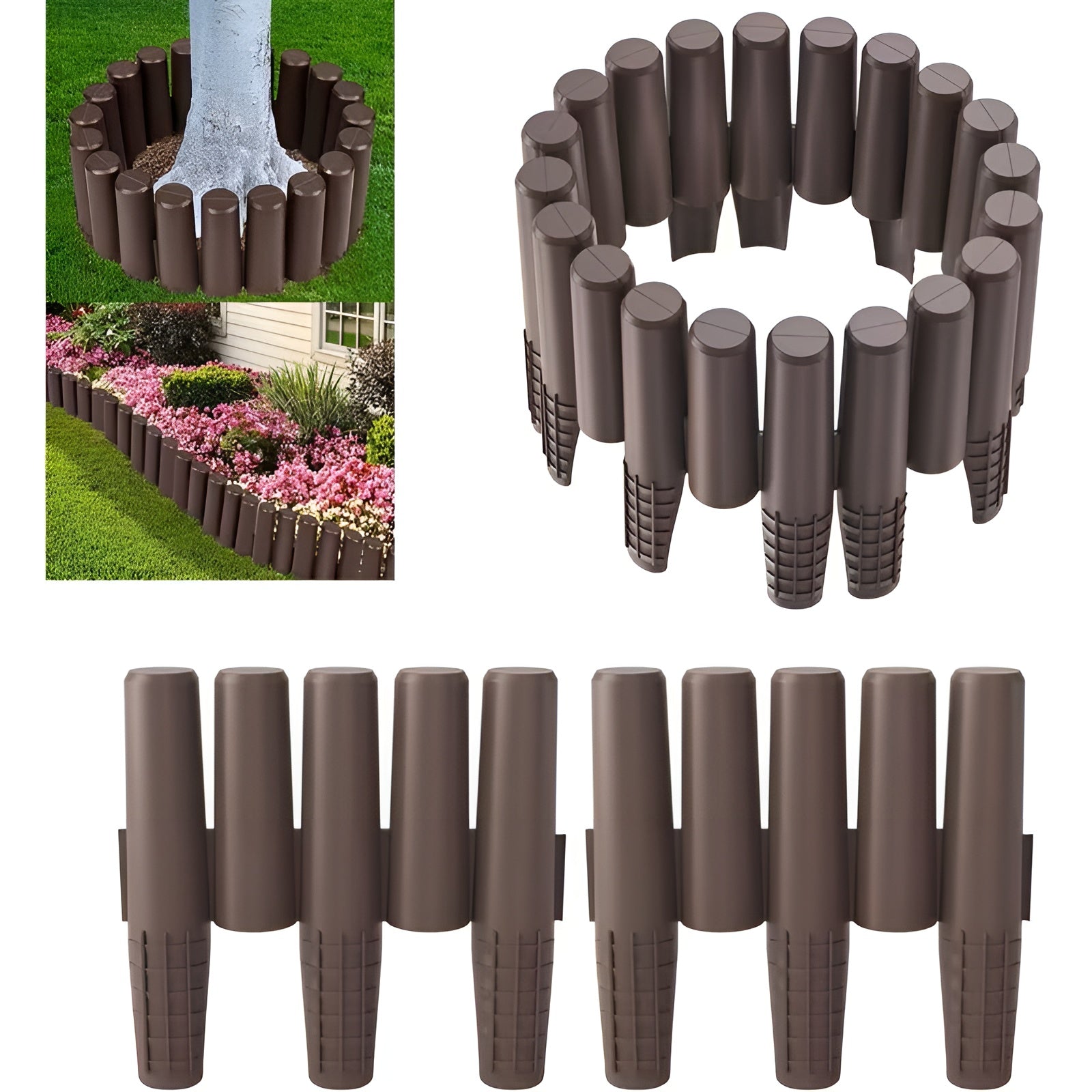 Beeteinfassung aus Kunststoff in Holzoptik – Flexibler Gartenzaun mit Erdspießen | Dekorative Rasenkante für Blumenbeete und Wege