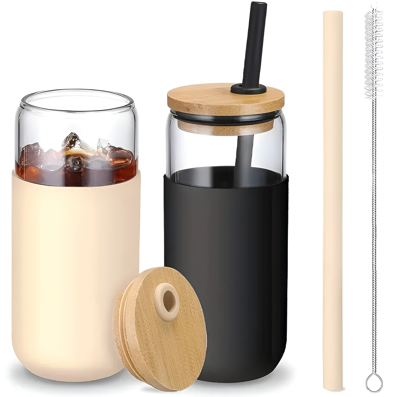 Trinkgläser mit Strohhalm – 2-teiliges Set mit Holzdeckel & Silikonhalter | Perfekt für Kaffee, Saft & Smoothies