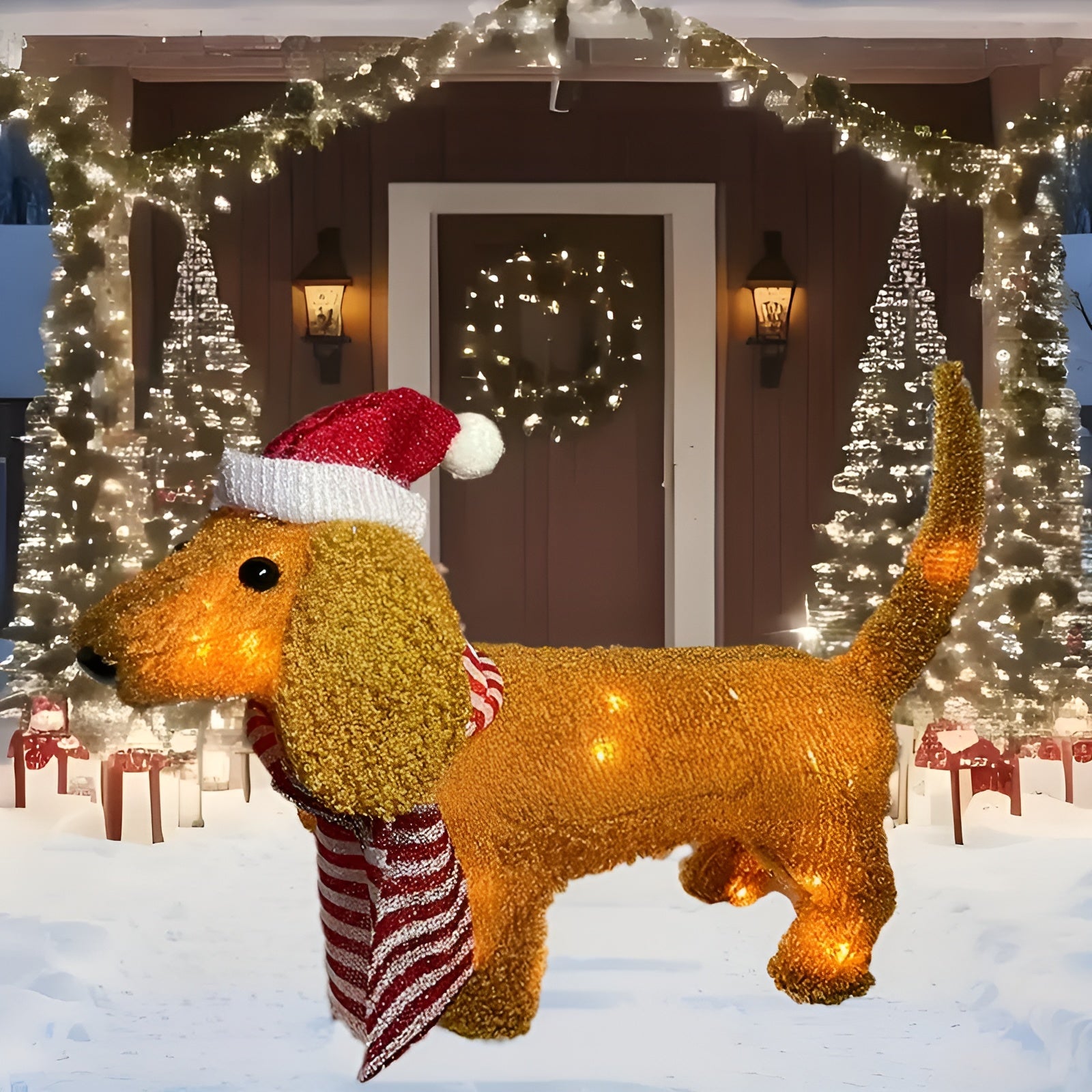 LED Dackel Figur mit roter Mütze – Leuchtende Hundedeko für Weihnachten | Perfekt für Haus & Garten