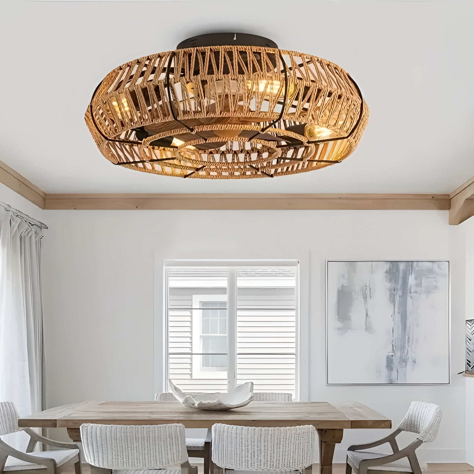 Deckenventilator mit Rattanlampe – Handgeflochten & Vintage-Stil | Für Wohnräume