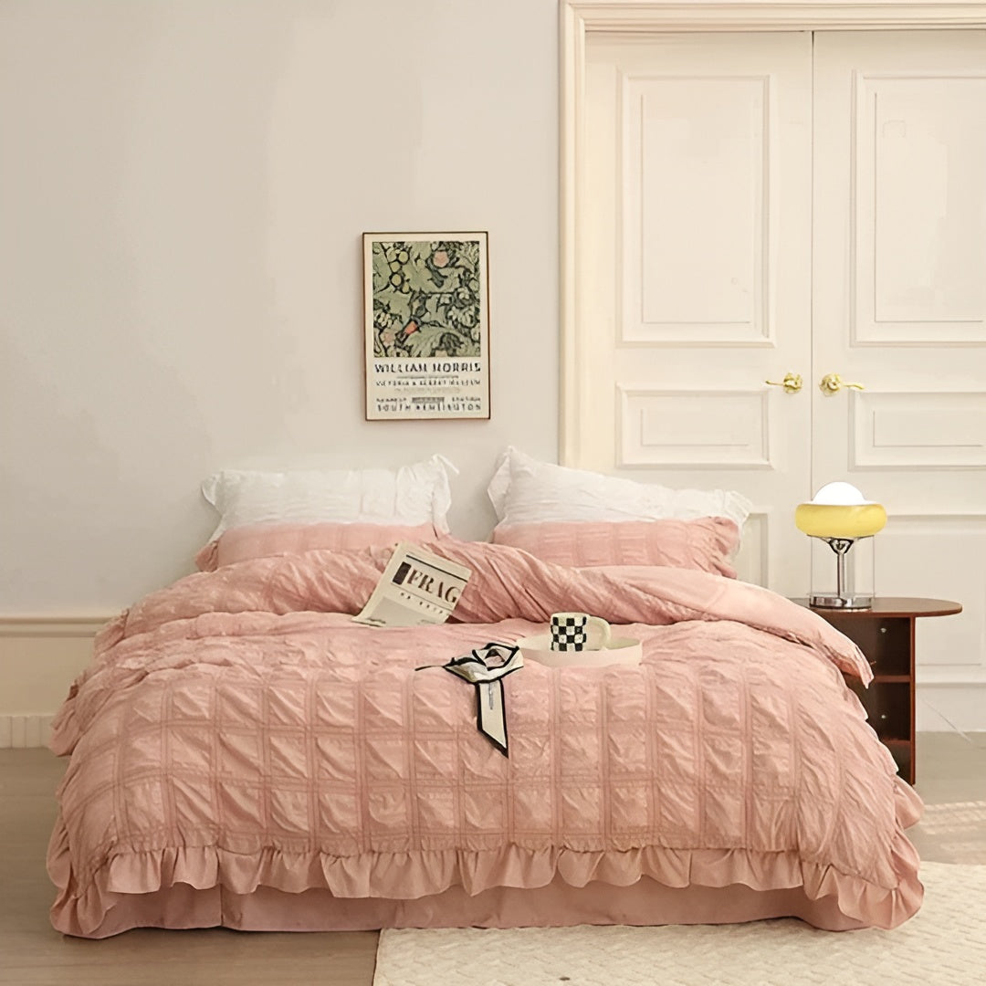 4-teiliges Spitzen-Seersucker-Bettwäsche-Set – Kühlender Stoff | Skanto Sommerbettwäsche - Rosa / Sommerdecke