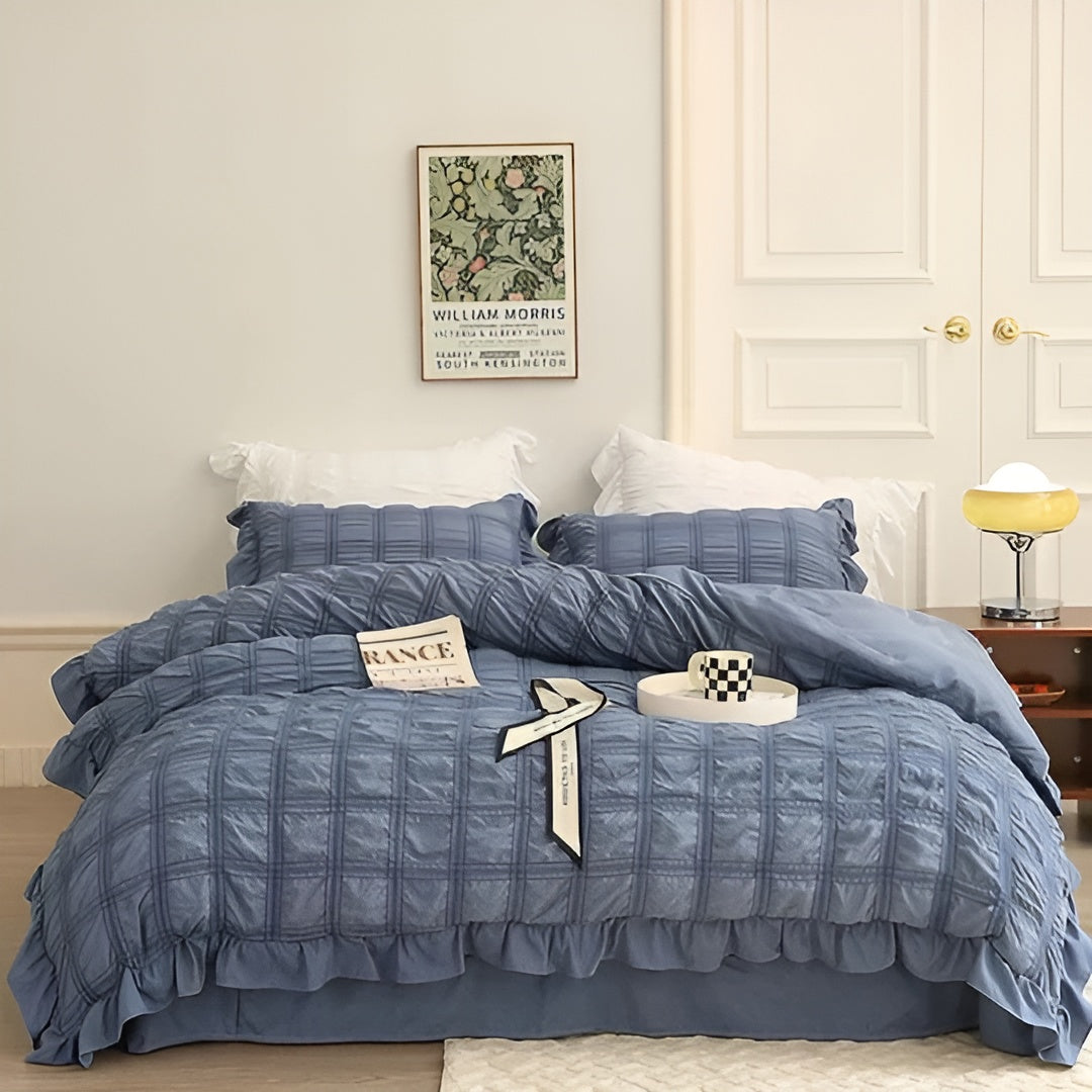 4-teiliges Spitzen-Seersucker-Bettwäsche-Set – Kühlender Stoff | Skanto Sommerbettwäsche - Blau / Sommerdecke