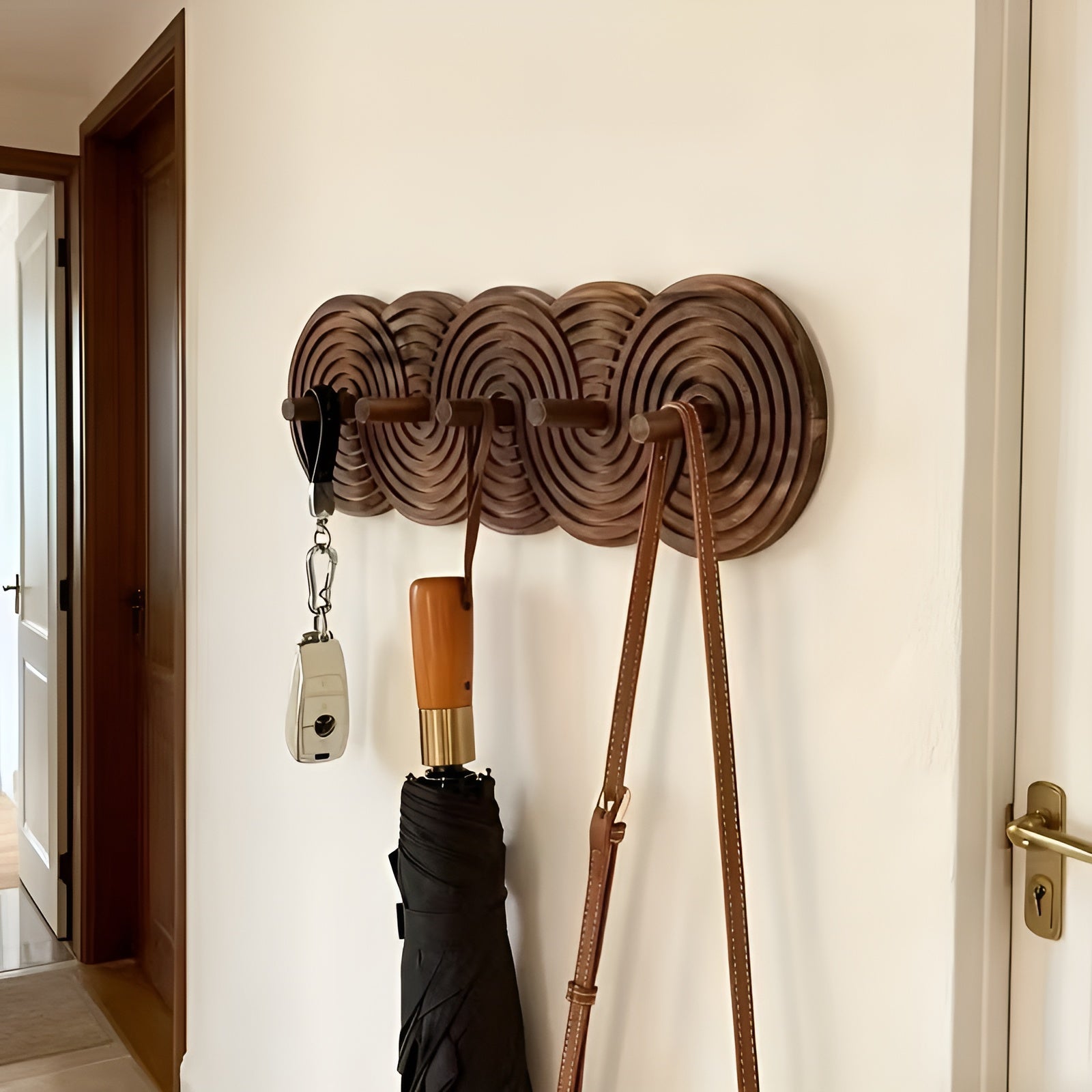 Vegghengt Krok i Tre – Enkel Montering uten Boring | Dekorativ Bohemsk Oppbevaring