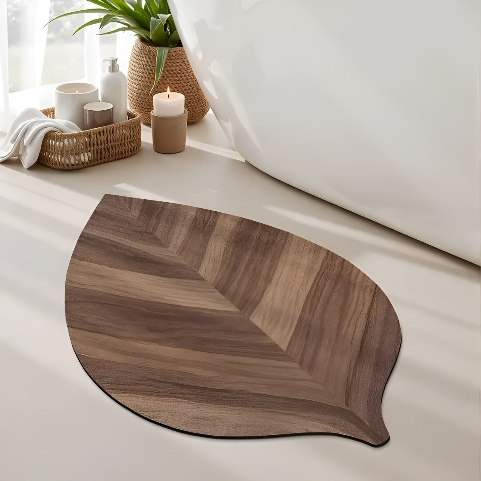 Badezimmerteppich in Blattform – Wasserabsorbierend & Rutschfest | Schnelltrocknende Badematte für Dusche, Badewanne & Waschbecken