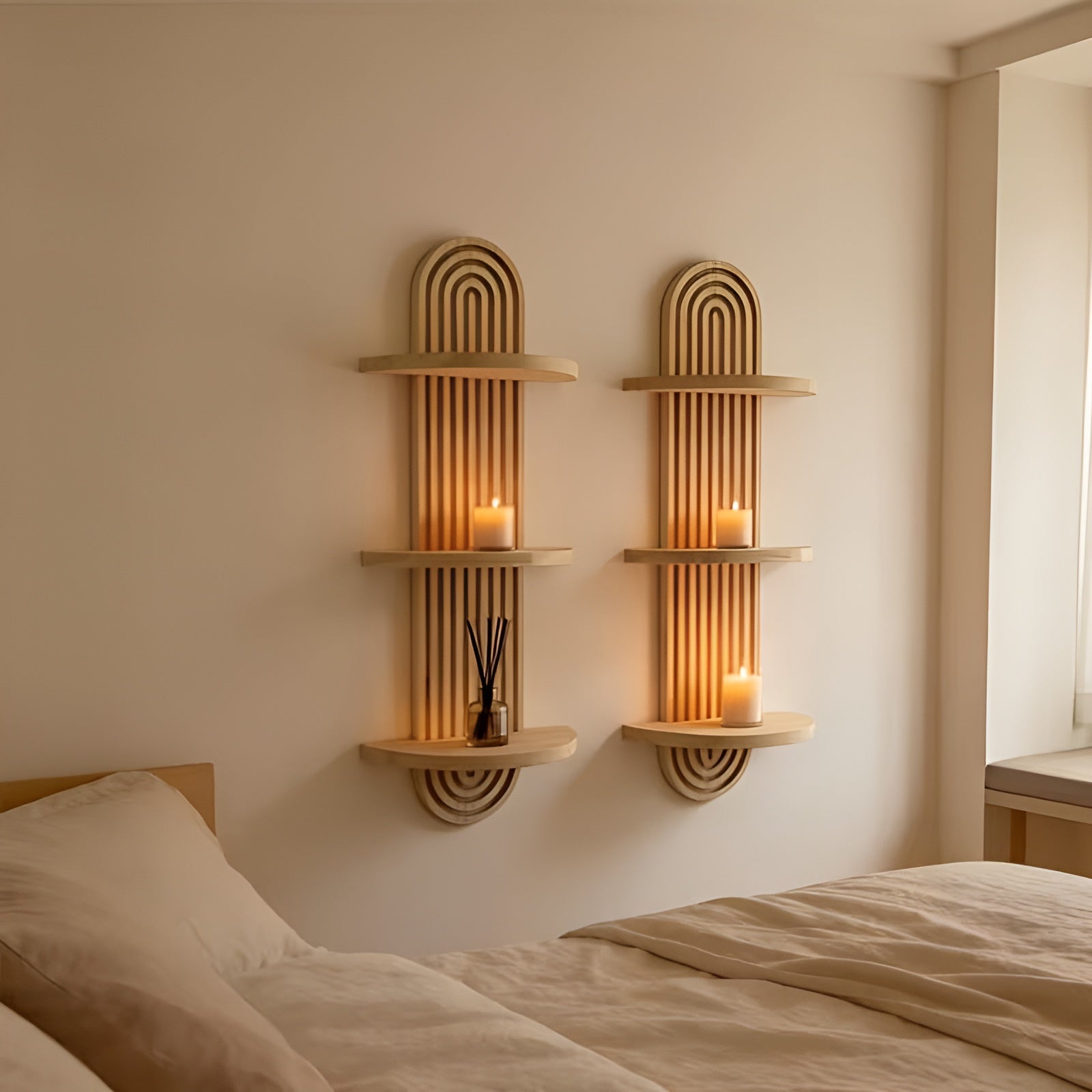 Boho Wandregal aus Massivholz – Mehrstufig und Platzsparend | Für Wohnzimmer Schlafzimmer und Flur - Wandregal