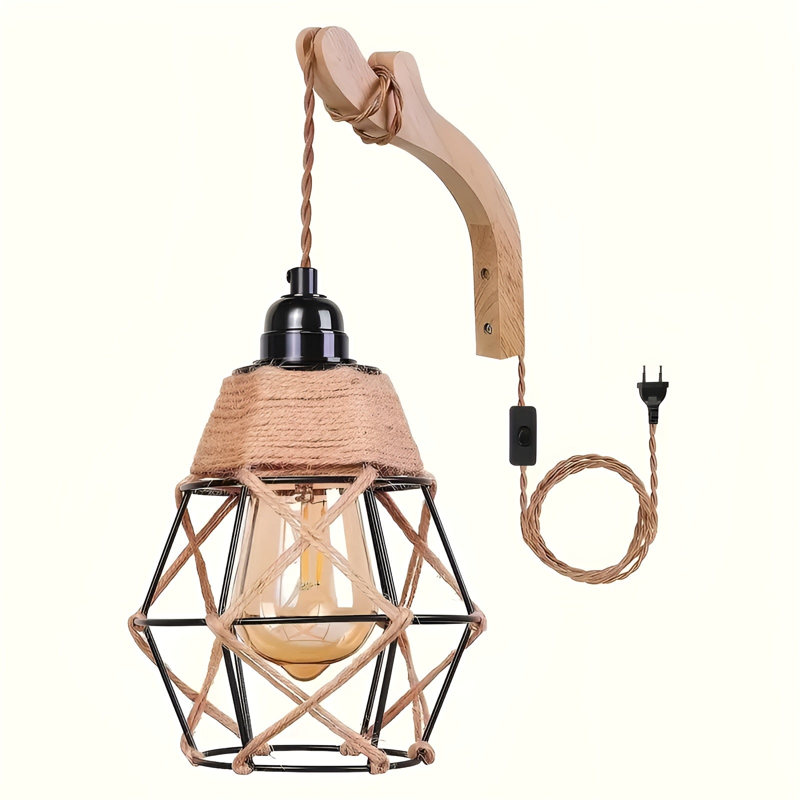 Wandleuchte aus Rattan – Handgefertigt im Boho-Stil mit Holzarm und Jutekabel | Für Wohnzimmer & Schlafzimmer