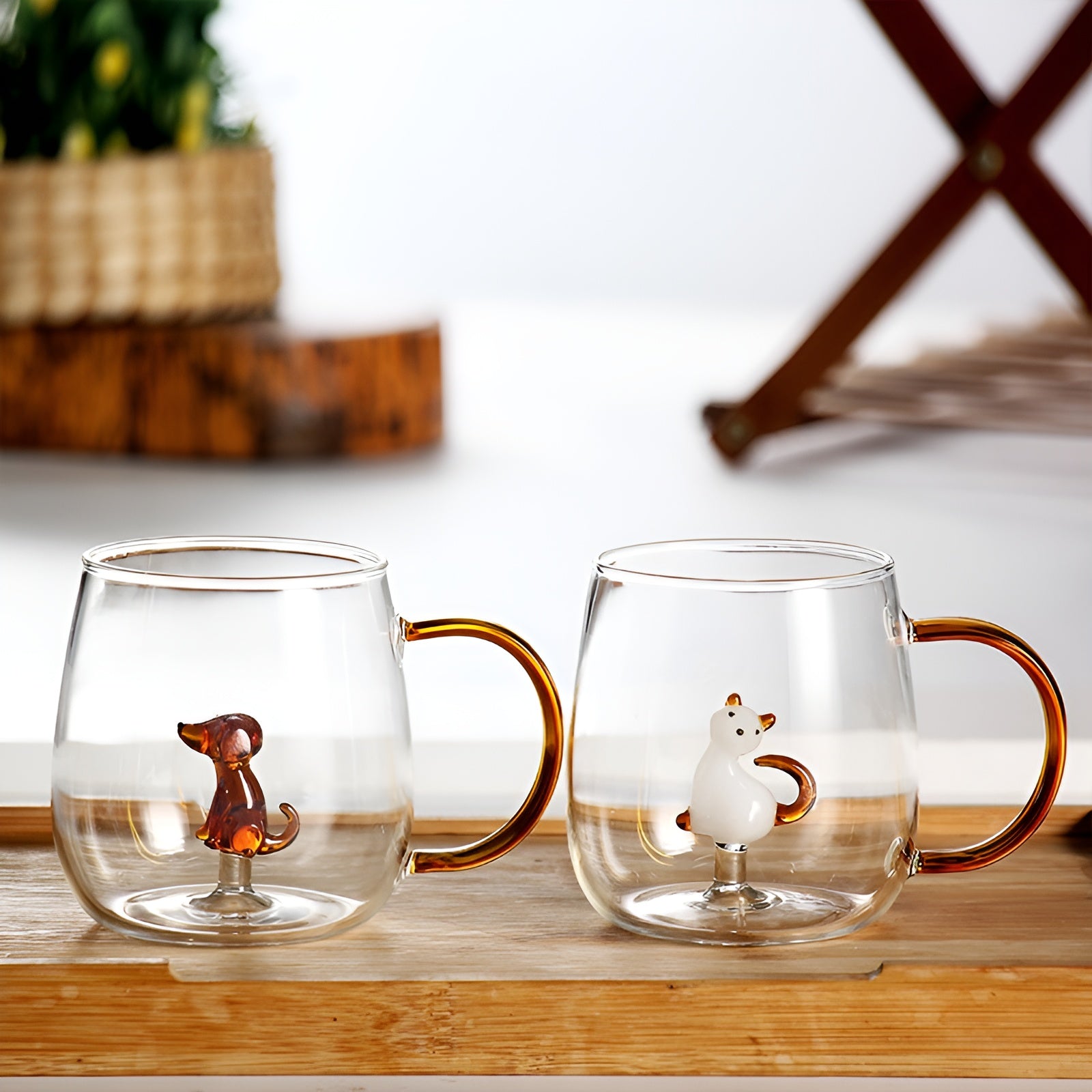 3D-Cartoon-Trinkglas mit Tiermotiv – Designerbecher aus Borosilikatglas | Robust und dekorativ - Kätzchen und Welpe
