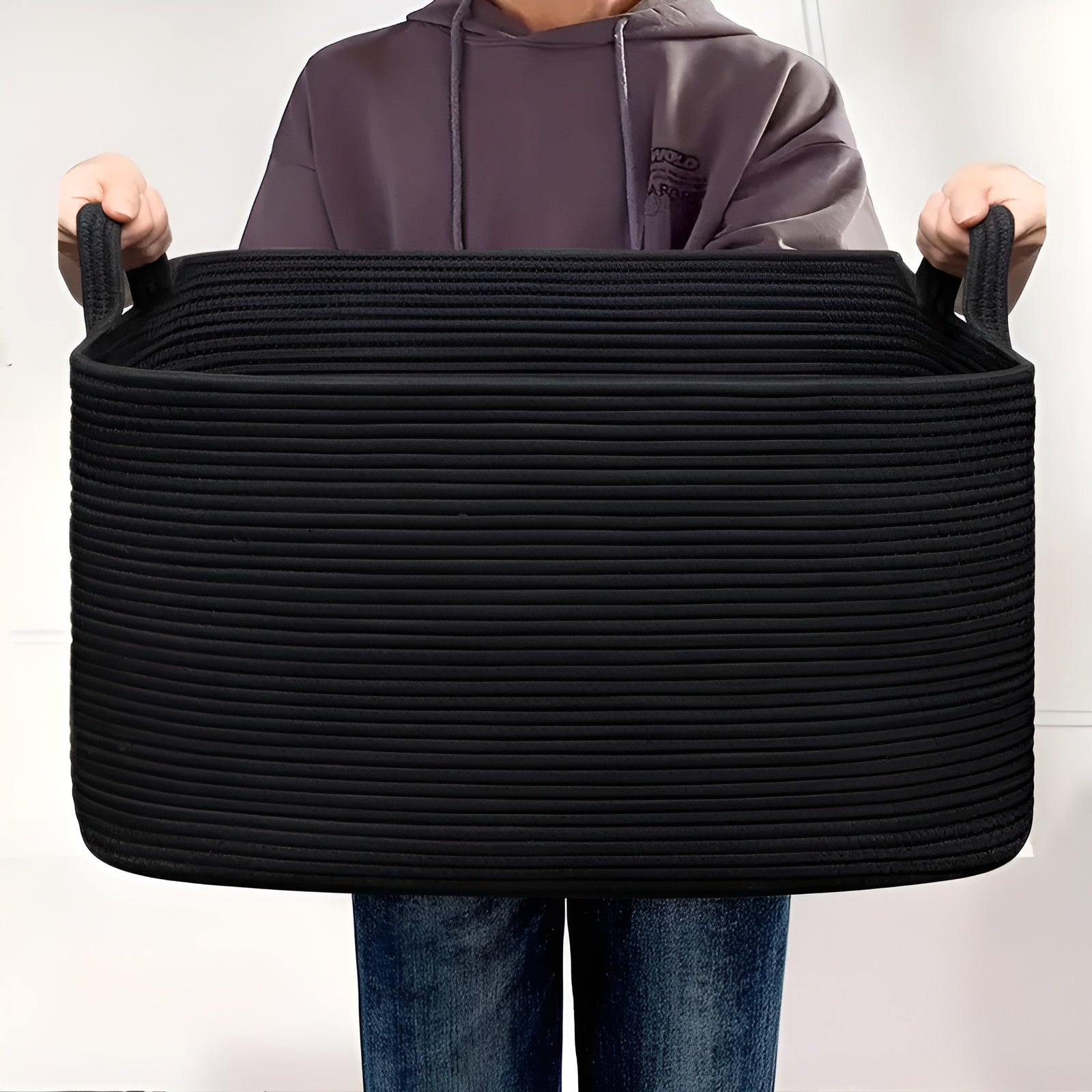 Großer Geflochtener Aufbewahrungskorb – Stabil & Stilvoll | Mit Seilgriffen, Perfekt für Wohnzimmer, Wäsche & Regale (Schwarz)