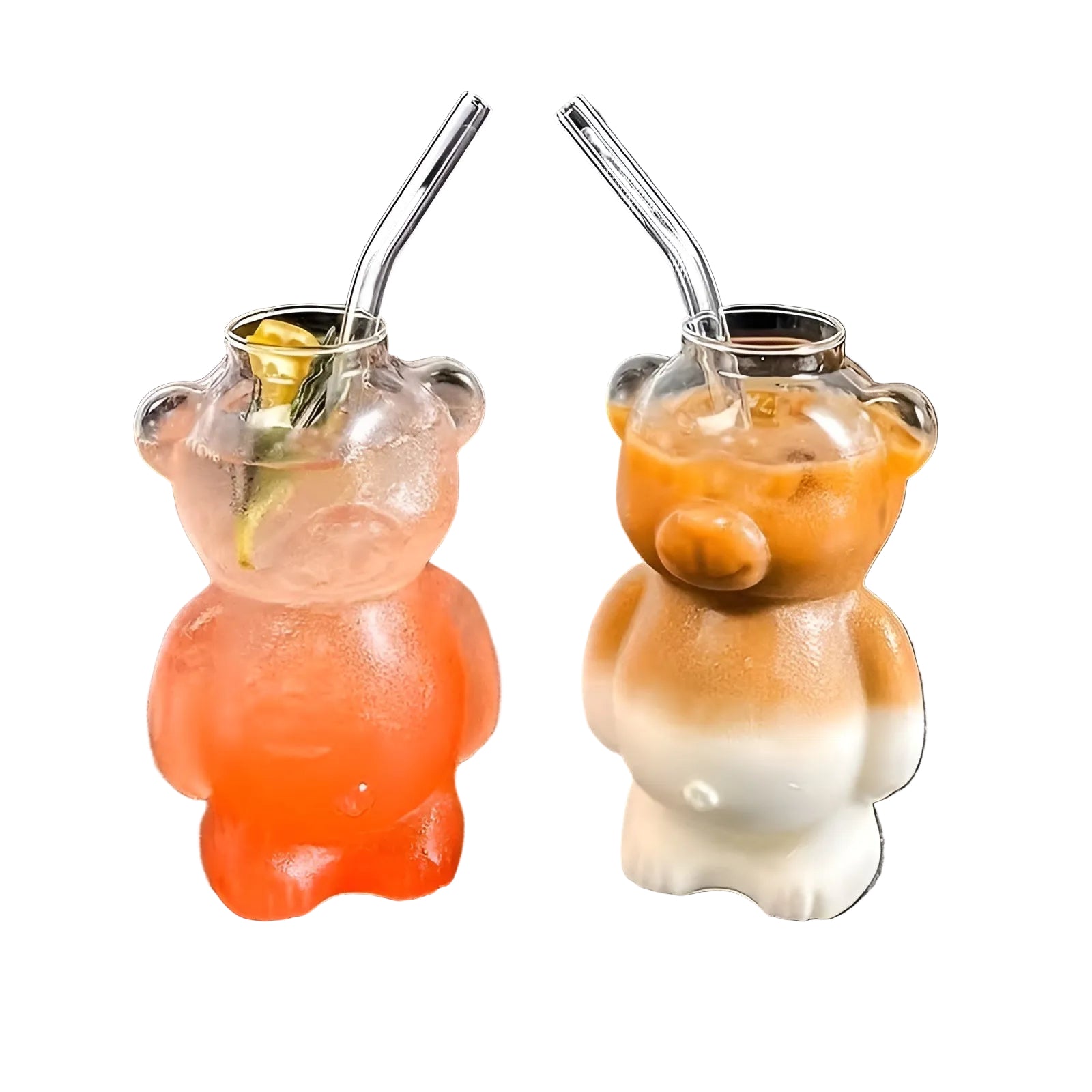 Glas Trinkbecher mit Bärenmotiv – Süßes 2er-Set | Mit Strohhalm für Eiskaffee & Saft - 2 Set - Wohnzubehör