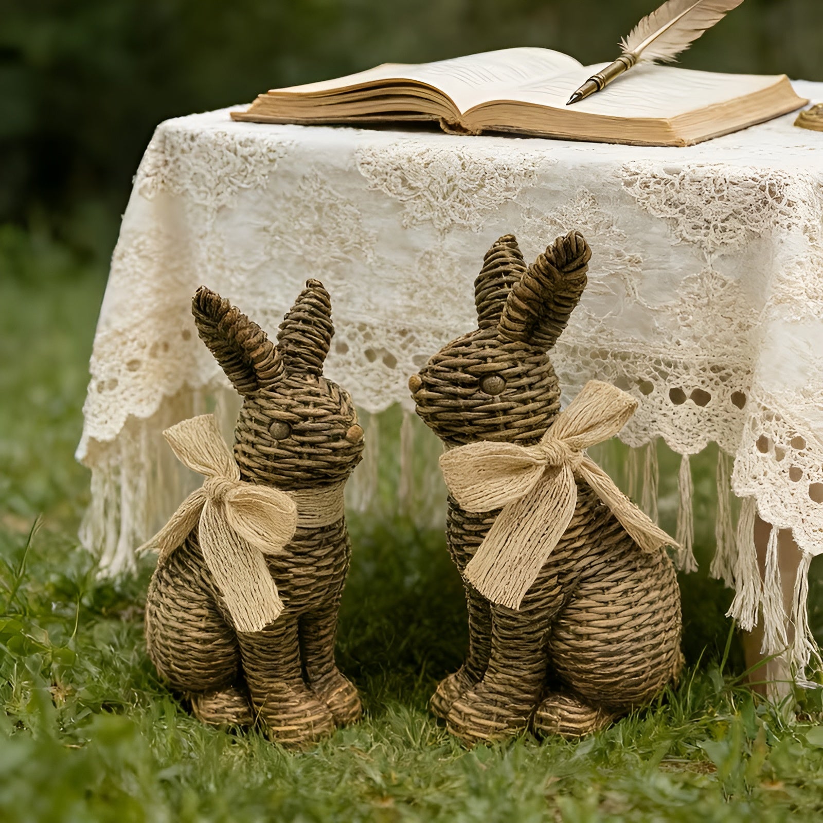 Hasenfigur 2er-Set aus Kunstharz – Vintage Landhausstil mit Sockel & Ranken-Design | Dekorativ für Garten und Ostern