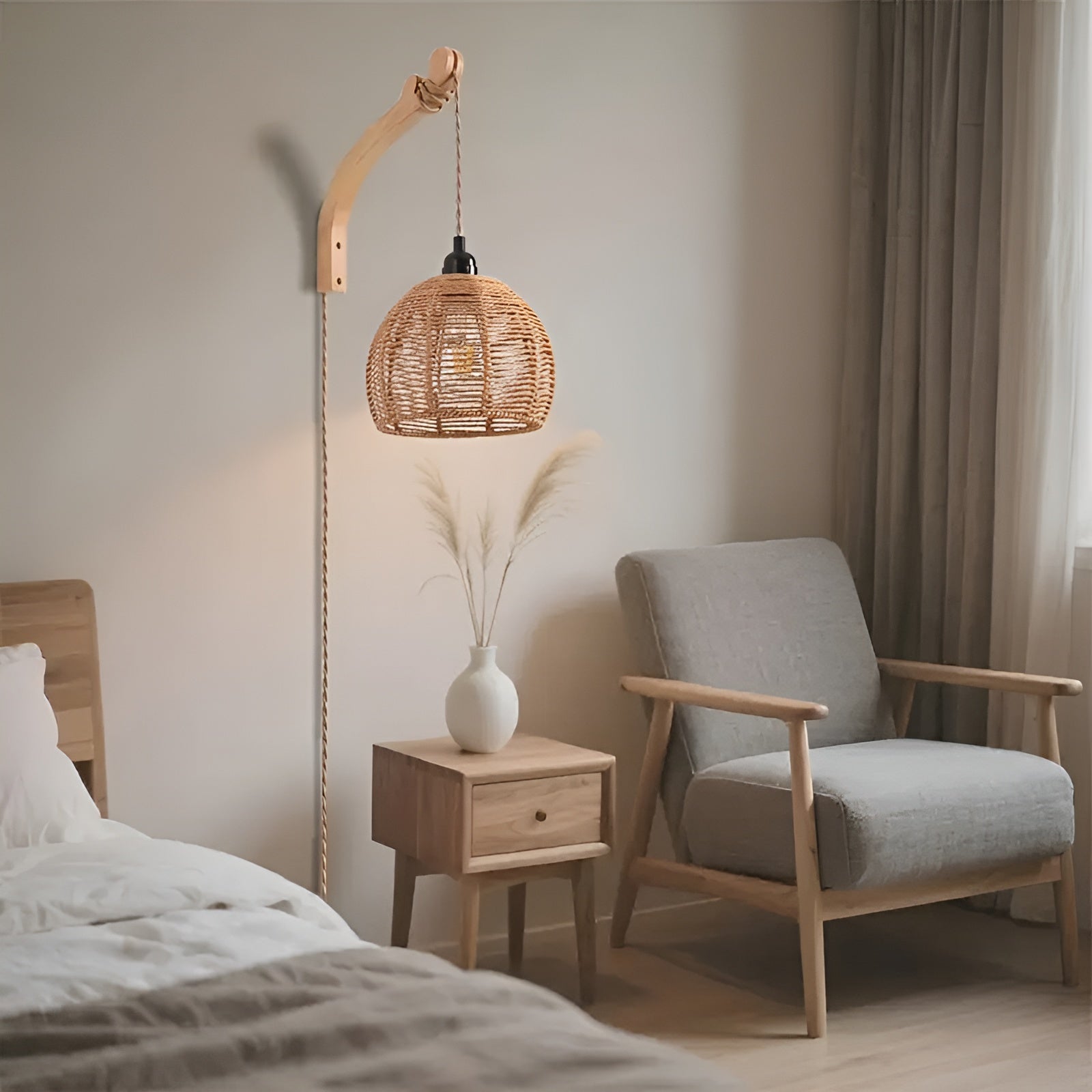 Wandleuchte mit Geflochtenem Lampenschirm – Natürliche Materialien & Rustikaler Charme | Ideal für Schlafzimmer & Flur