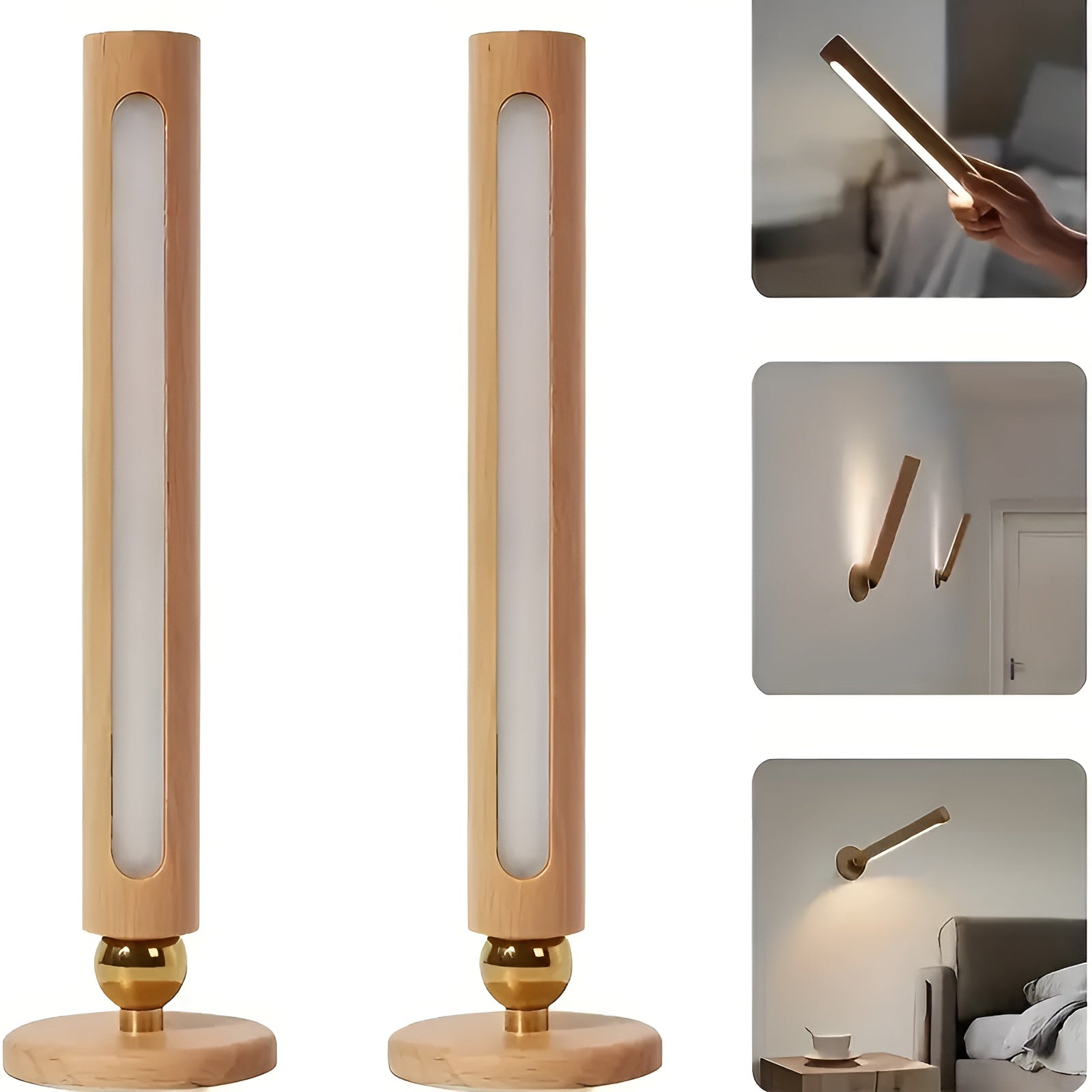 LED-Wandleuchte aus Holz, um 360° drehbar – Wiederaufladbar und Magnetisch mit Touch-Steuerung