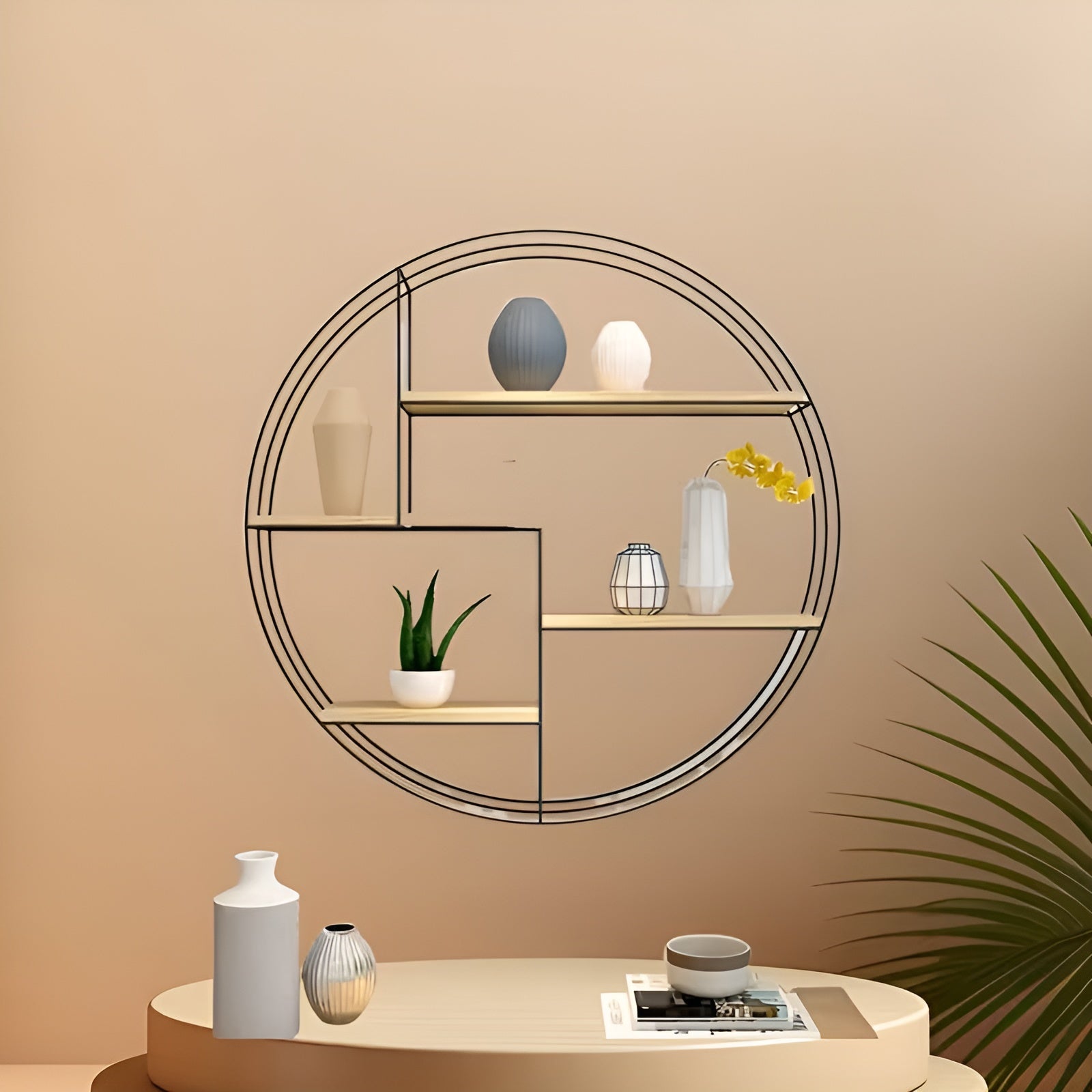 Runde Wandregal mit 4 Ebenen – Retro Design aus Holz & Metall | Dekoratives Hängeregal für Wohnzimmer Bad &