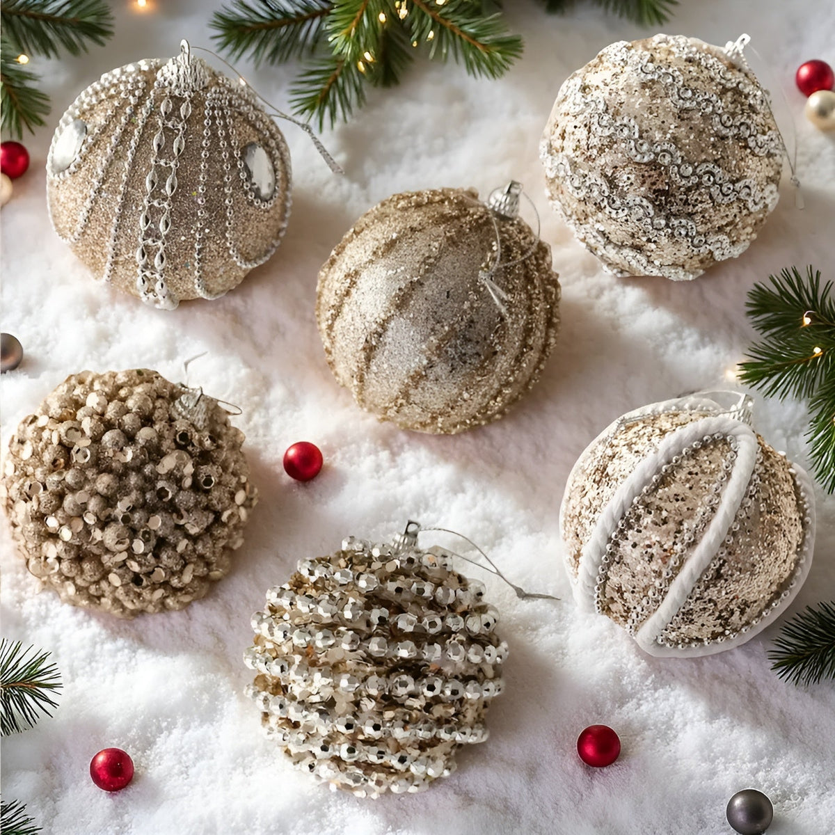 6er Set Glas-Christbaumkugeln – Stilvolle Deko in Champagner | Ideal für den Weihnachtsbaum - 6 Stück