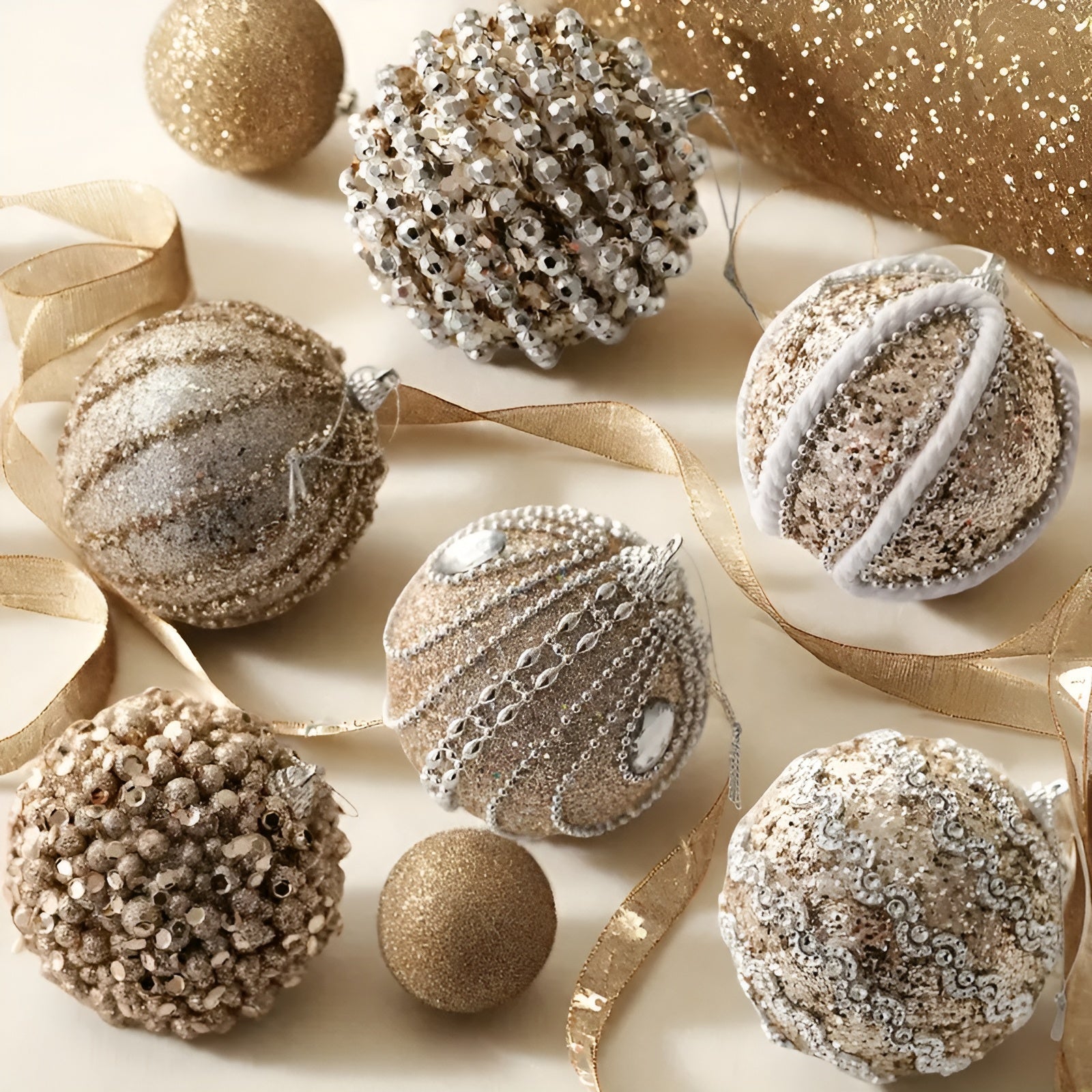 6er Set Glas-Christbaumkugeln – Stilvolle Deko in Champagner | Ideal für den Weihnachtsbaum - 6 Stück