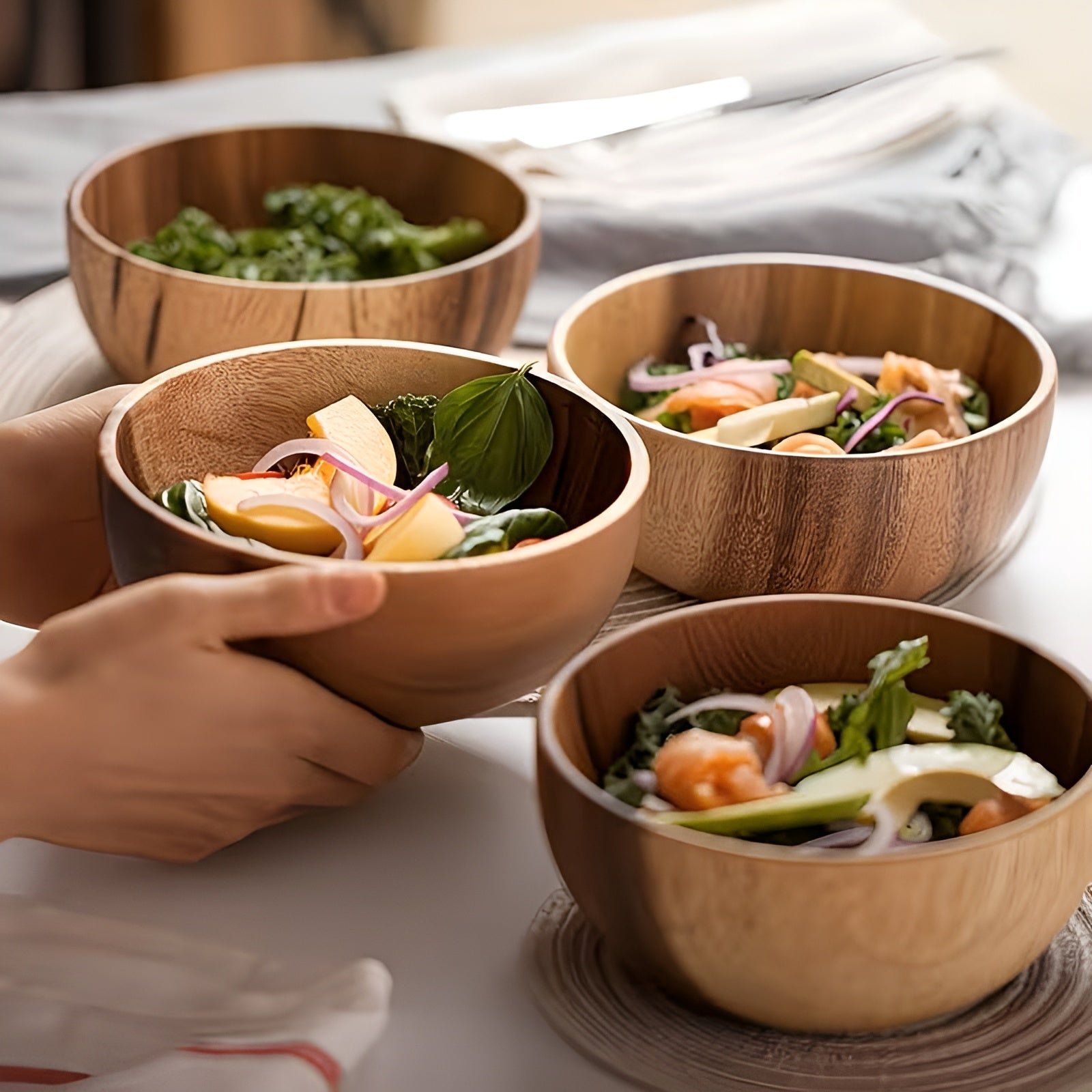 Holz-Servierschalen Set (4-teilig) – Wiederverwendbar und Handgefertigt | Perfekt für Salat Suppe Reis & Ramen - Lange