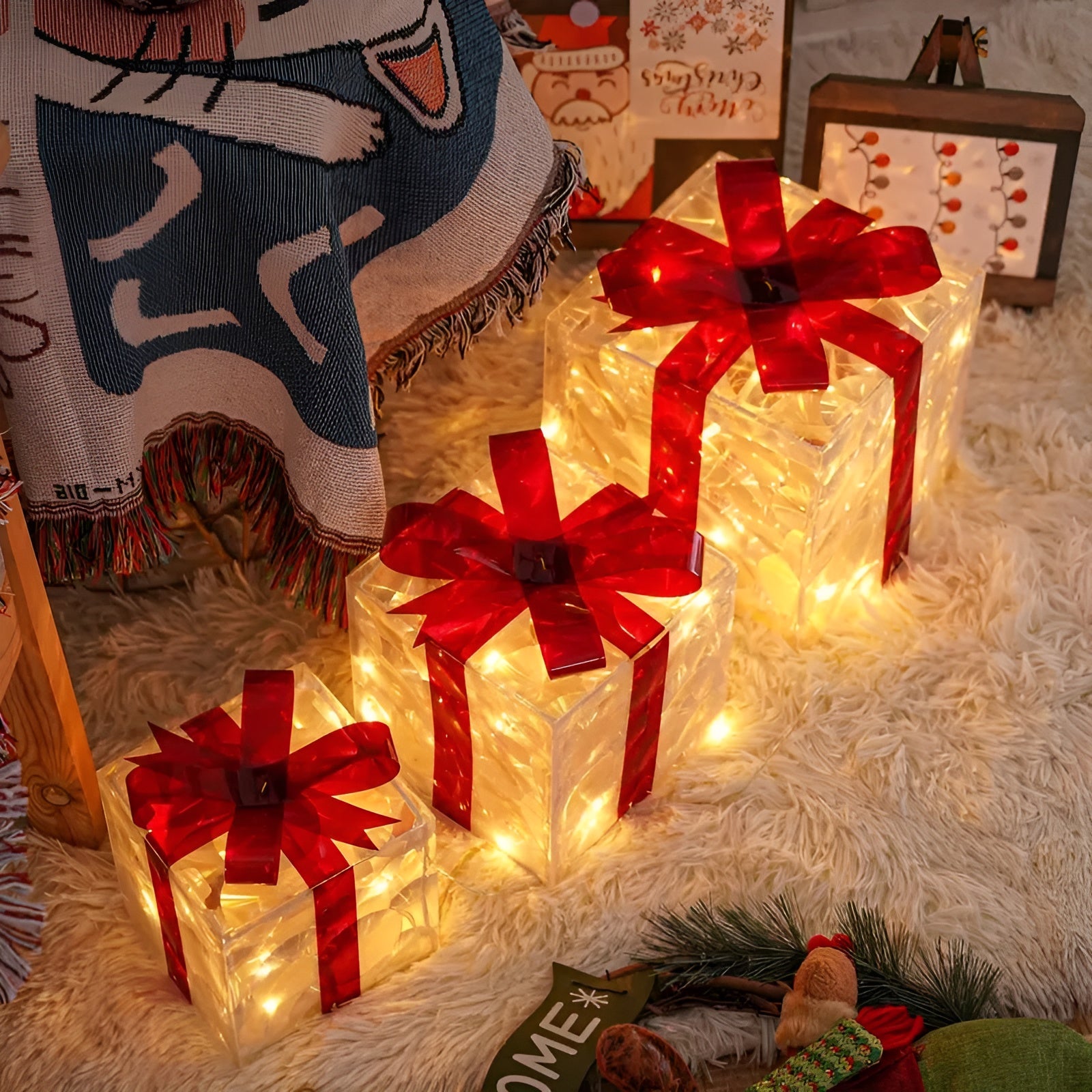 Leuchtende Geschenkboxen Set (3-teilig) – Weihnachtsdekoration mit Warmweißem Licht | Transparent mit Roten Schleifen für Zuhause