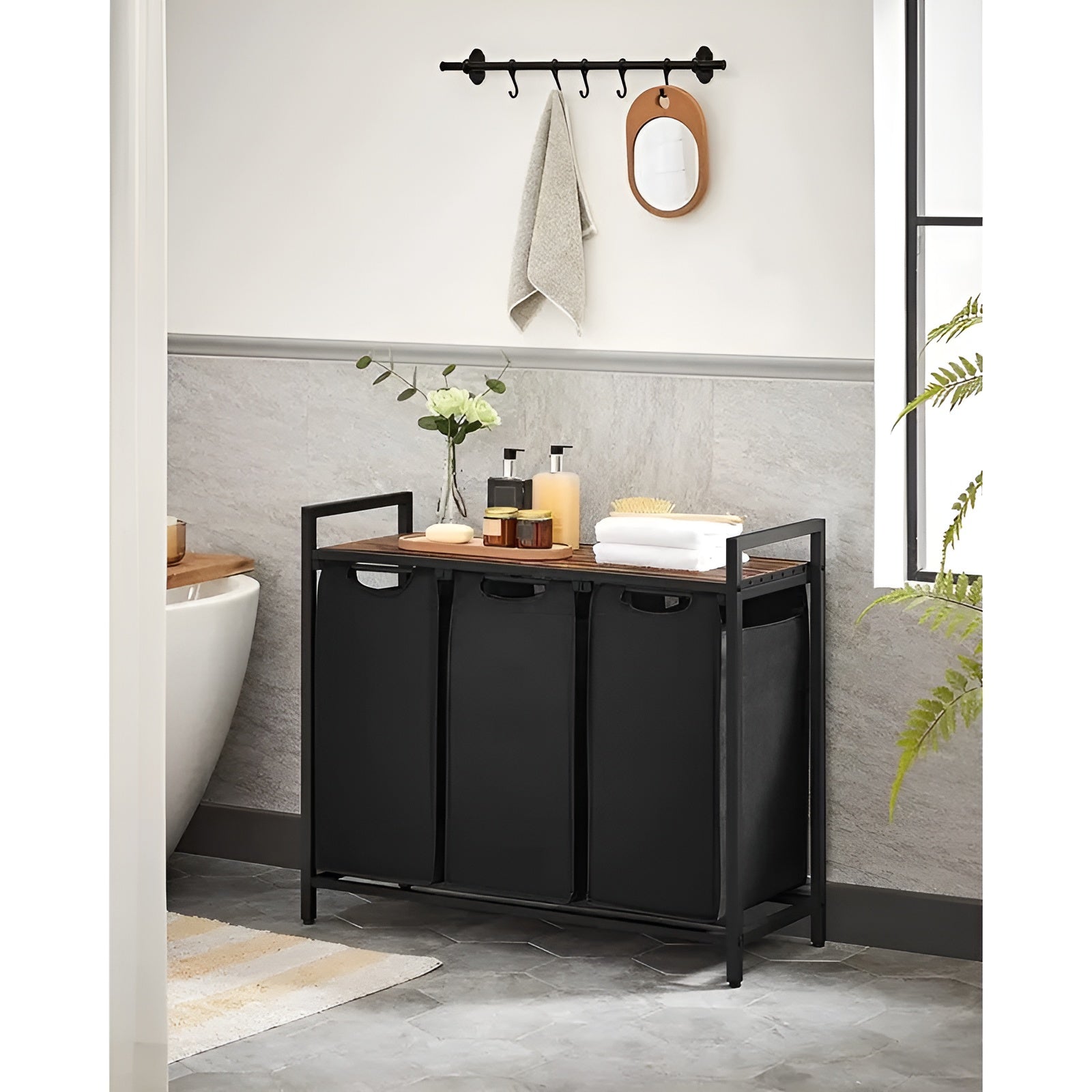 Wäschekorb mit Fächern – Ausziehbarer Wäschesortierer mit Ablage | Schwarzes Metall & Holzoptik in Braun