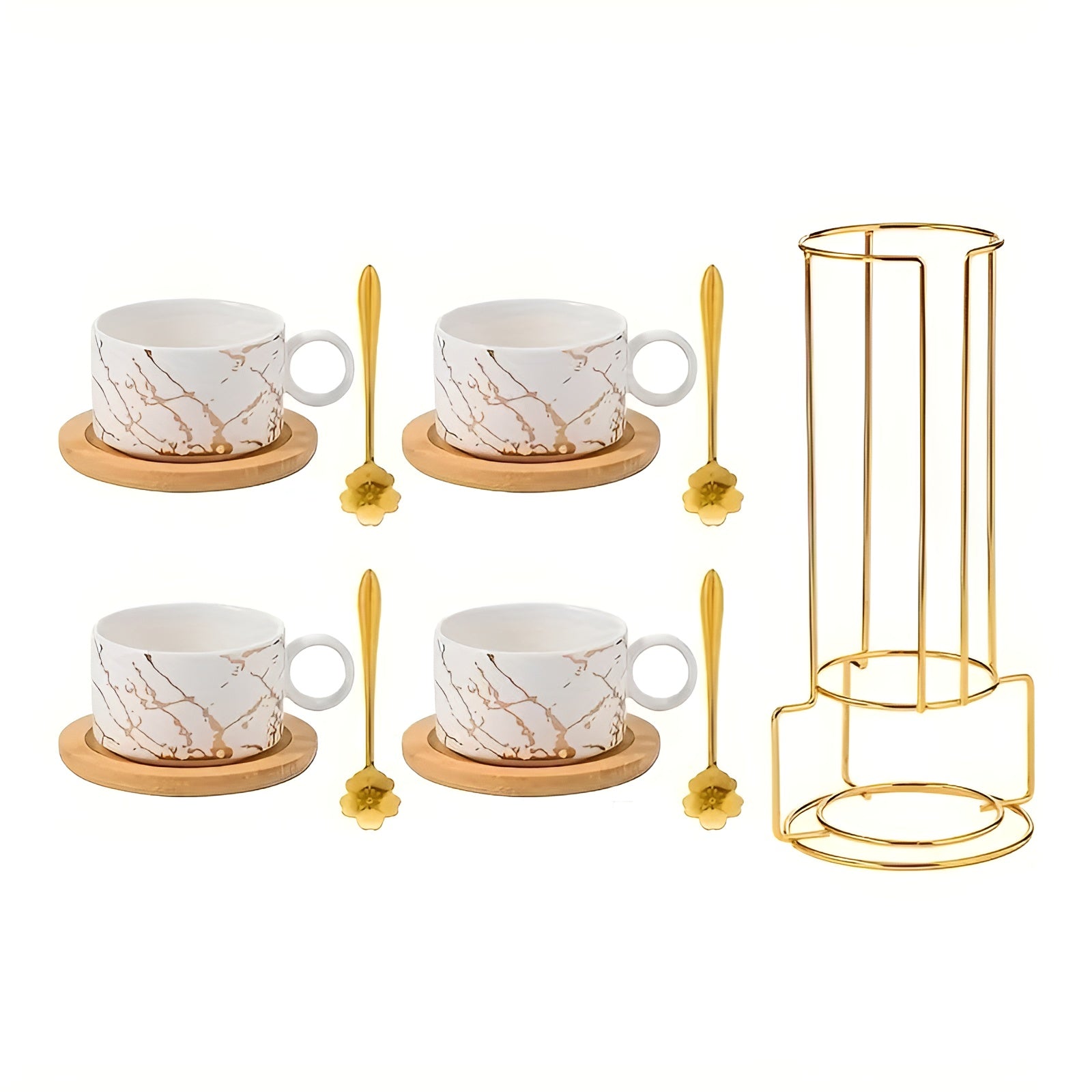 Keramik-Kaffeetassen Set (4-teilig) – Stapelbar mit Marmordesign | Mit Holzuntersetzer & Goldständer - Weiß / 180ml