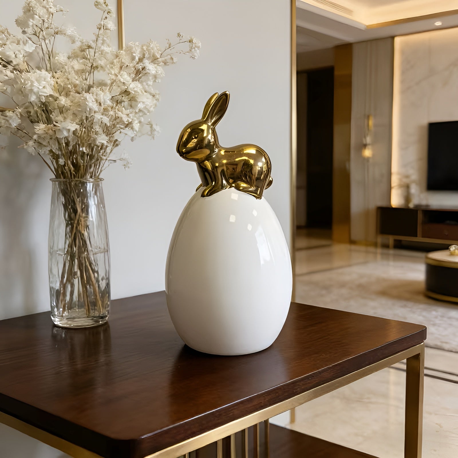 Keramik Deko Hase in Ei-Form – Moderne Osterdeko in Weiß & Gold | Elegante Tischdekoration für Wohnzimmer