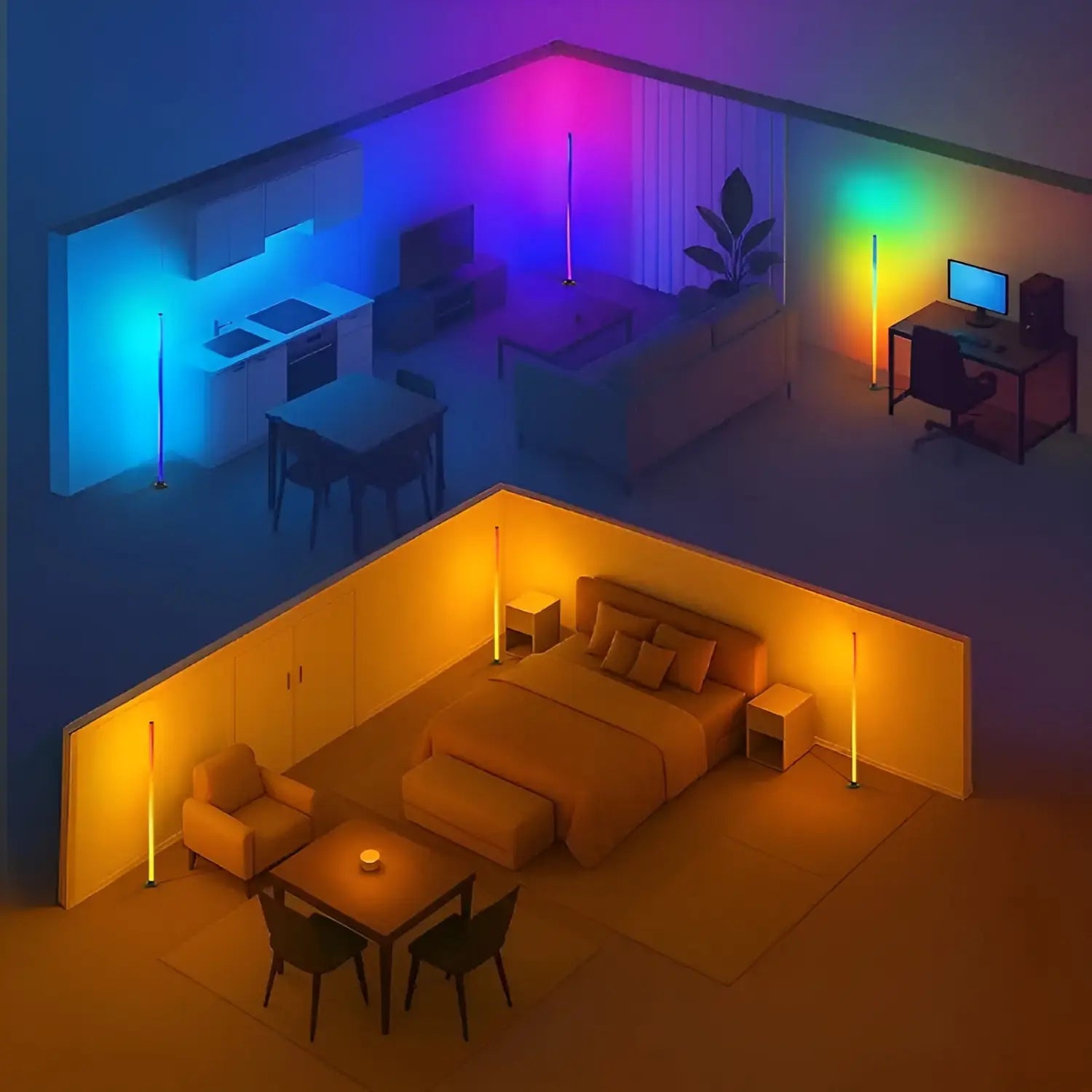 LED-Stehleuchte mit RGBICB-Farbwechsel – Moderne Aluminiumleuchte mit App & Fernbedienung | Dimmbare