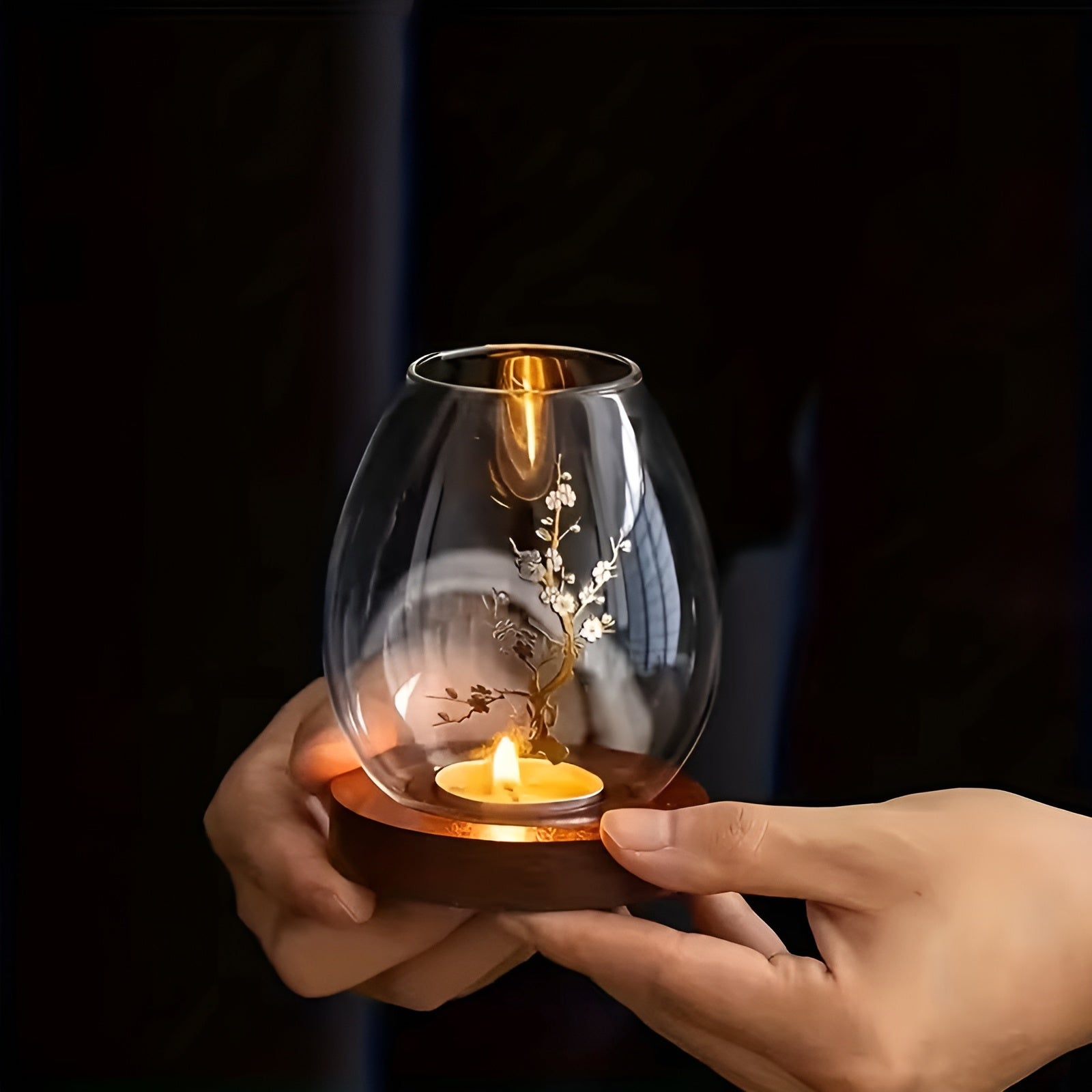 2er-Set Kerzenhalter aus Glas mit Holzsockel – Dekorativ im Retro-Zen-Stil | Perfekt für Wohnzimmer Tischdeko