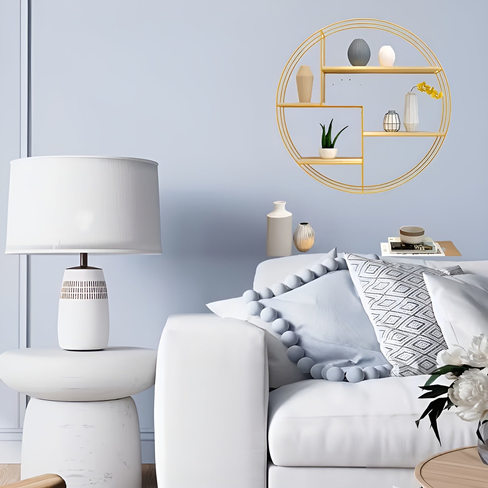 Runde Wandregal mit 4 Ebenen – Retro Design aus Holz & Metall | Dekoratives Hängeregal für Wohnzimmer Bad &