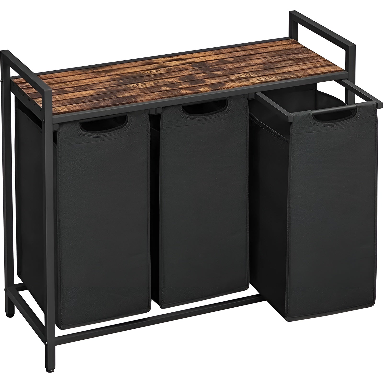 Wäschekorb mit Fächern – Ausziehbarer Wäschesortierer mit Ablage | Schwarzes Metall & Holzoptik in Braun