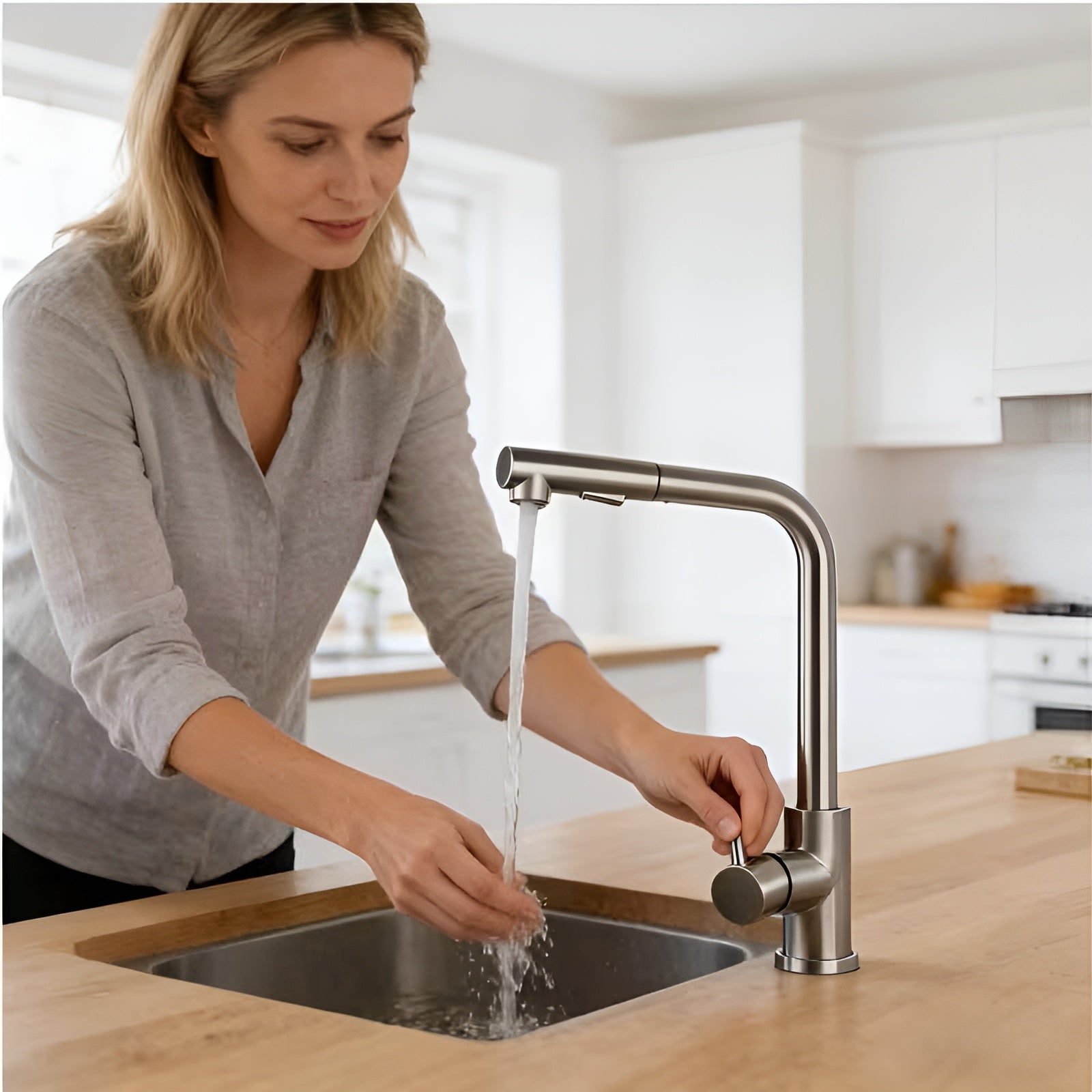 Edelstahl Küchenarmatur mit Touch-Funktion – Ausziehbare Brause & 360° Drehbar | Wassersparend, Einlochmontage