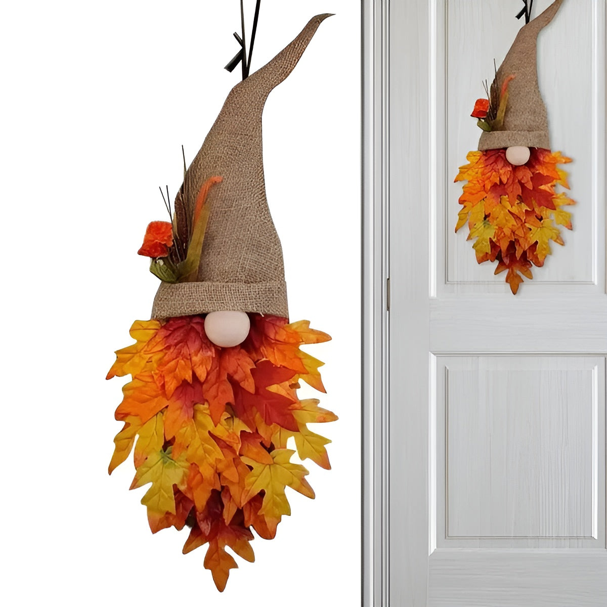 Herbstlicher Türanhänger mit Zwerg und Ahornblättern – Dekorativ und Charmant | Perfekt für Haustür und Herbstdeko