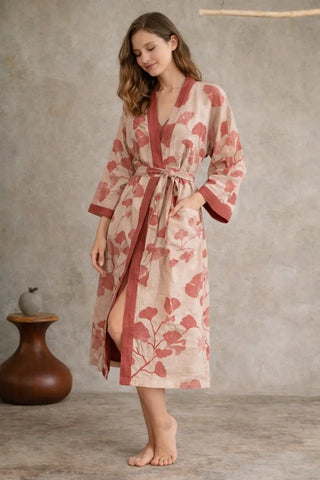 Baumwoll-Kimono-Bademantel mit Ginkgo-Print