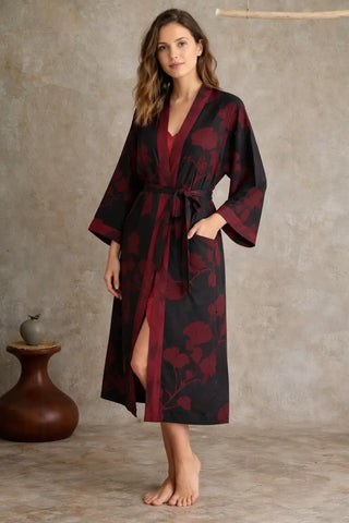 Baumwoll-Kimono-Bademantel mit Ginkgo-Print